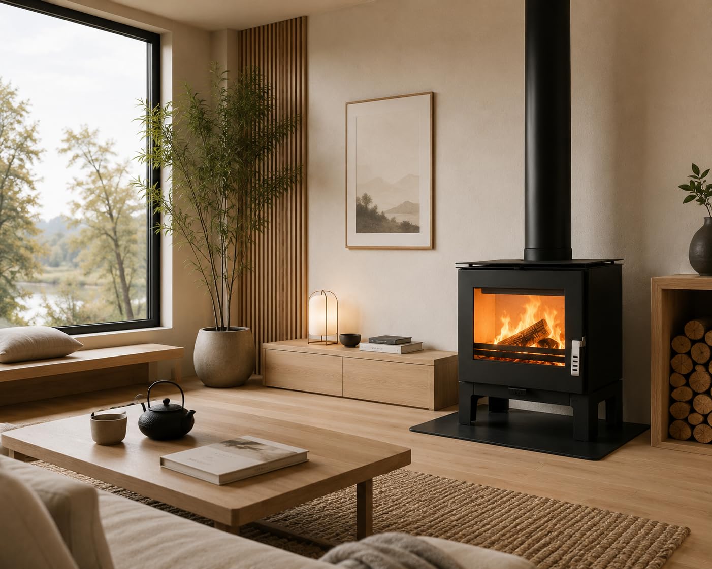 Verso Rheia L - Stufa a legna da 5 kW, 80,2% di alta efficienza, piastra superiore compatta in acciaio (non ghisa), piccola stufa per 70 – 100 m³, Eco Low Emissions, 150 mm
