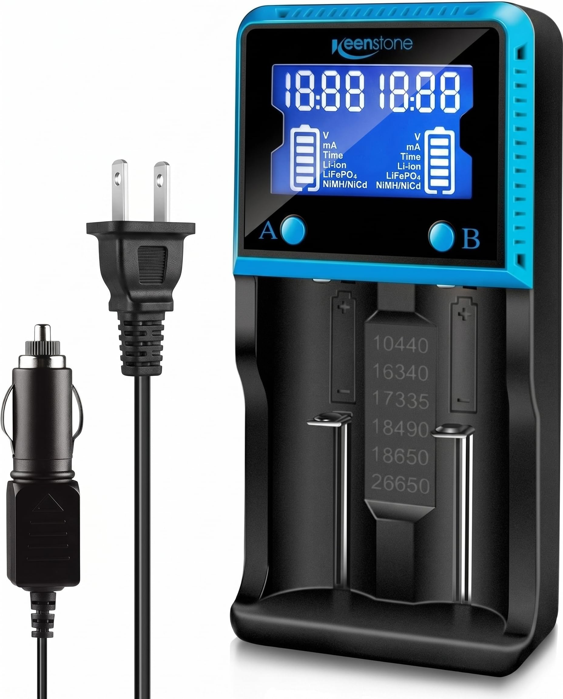 Keenstone Chargeur de batterie 18650, chargeur universel intelligent avec écran LCD pour batteries rechargeables Ni-MH Ni-Cd AA AAA Li-ion LiFePO4 IMR 10440 14500 16340 RCR123A 26650
