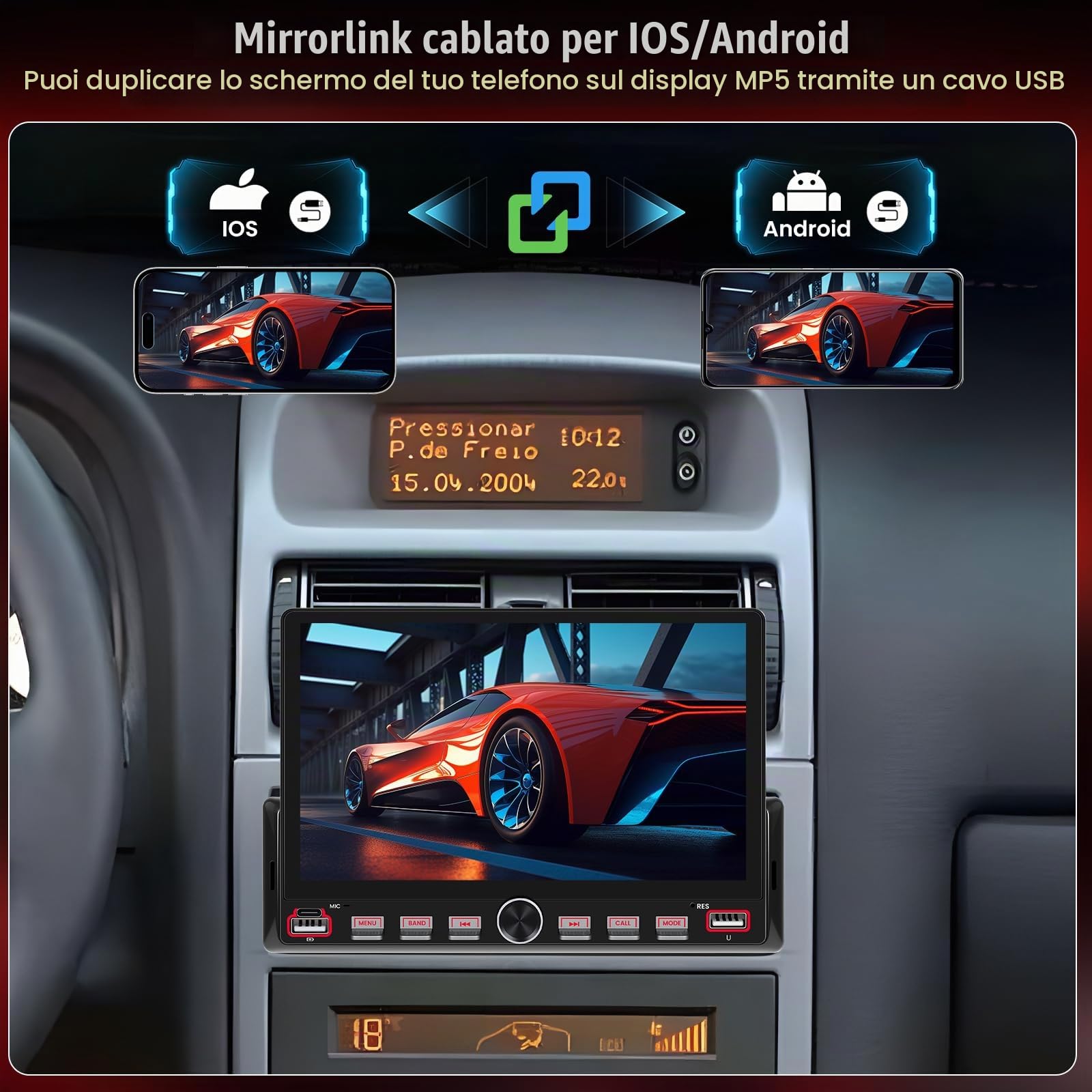 CAMECHO 1 DIN Schermo Tattile 7 Pollici Autoradio con Bluetooth Mirror Link Lettore MP5, Radio 1 DIN per Auto con FM, EQ, USB, Mirror Link, Comandi al Volante + Telecamera