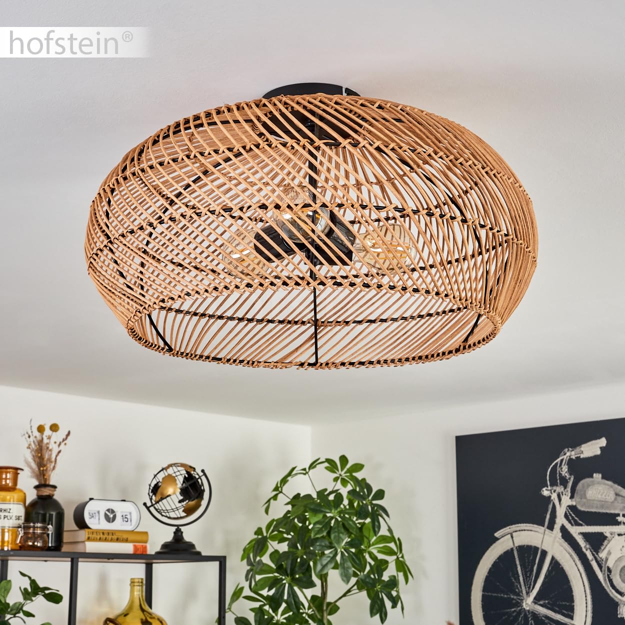 Lampa sufitowa Brandala, nowoczesna lampa sufitowa z metalu/rattanu w kolorze czarnym/naturalnym, lampa sufitowa w stylu boho ze wspaniałym efektem świetlnym na suficie, Ø 50 cm, 3-żarówkowa, 3 x E27,