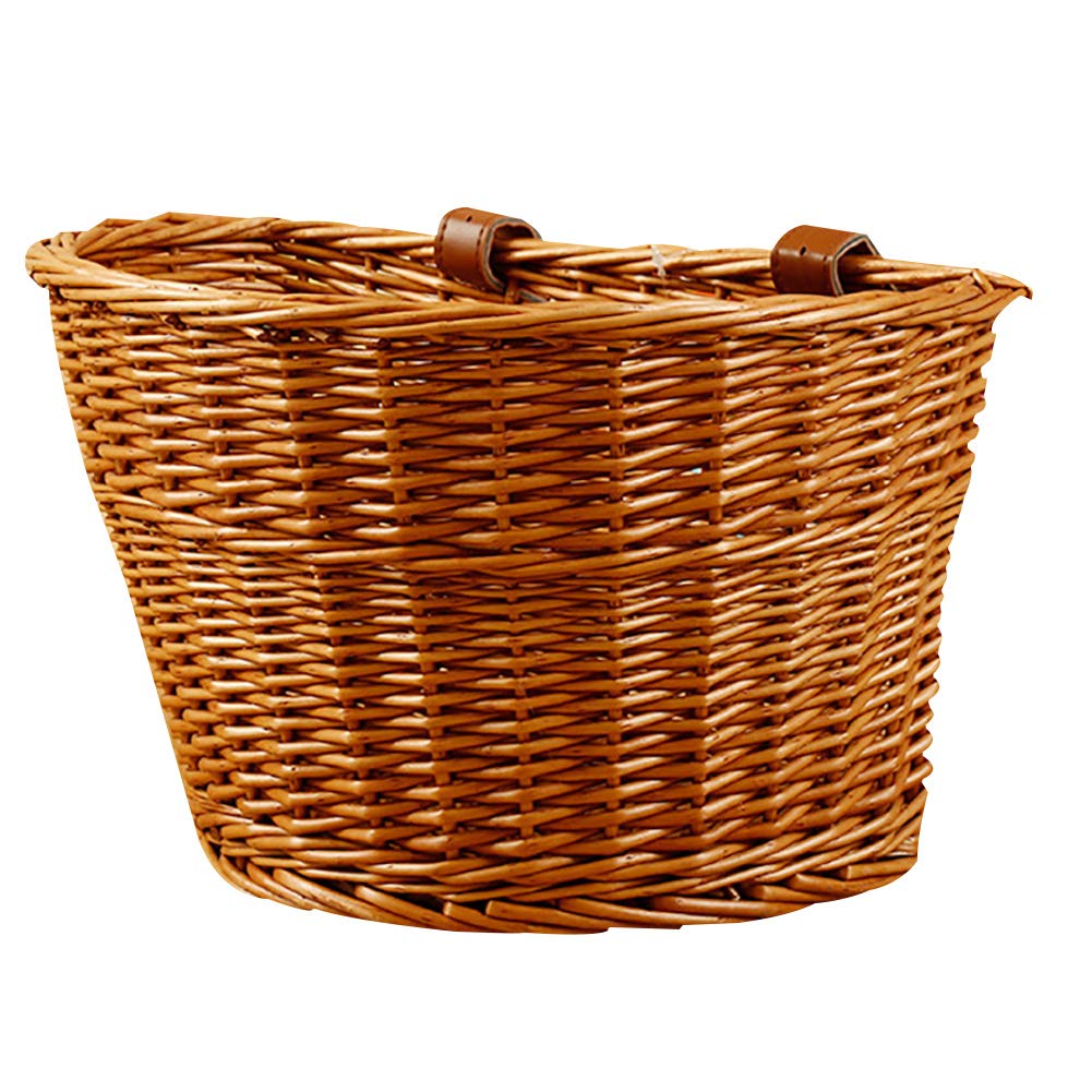 Bicycle Basket, Hand Woven Wicker 36x25x20cm, Honey Semi Circle Front Basket, Adjustable Faux Leather Straps, for Adult Kid Bike 1979112