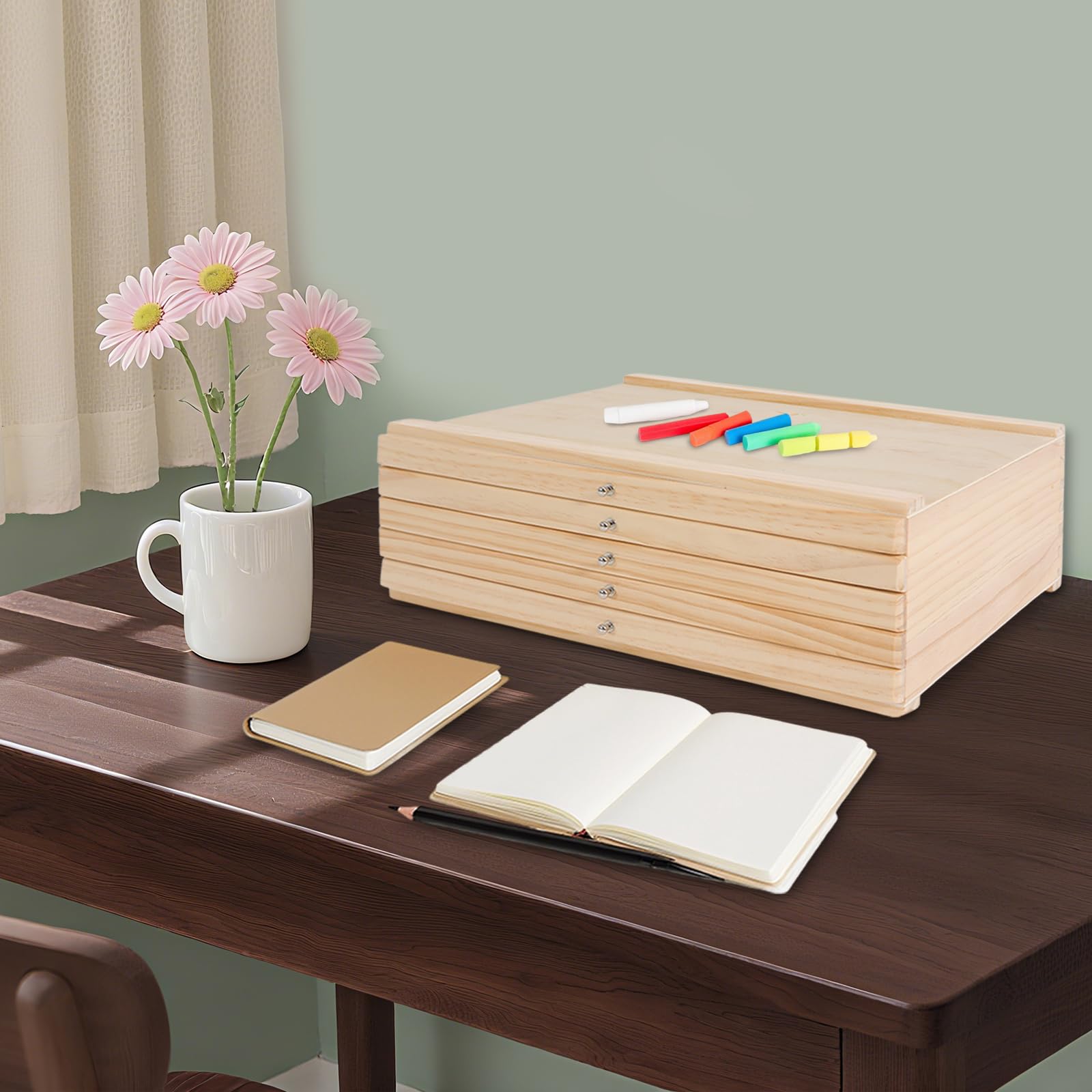 5-Drawer Pine Artist Boîte de rangement – 38 x 25 x 10 cm – Boîte de rangement avec compartiments et tiroir, finition en bois, poignées en métal, organiseur de table pour art, artisanat, bijoux