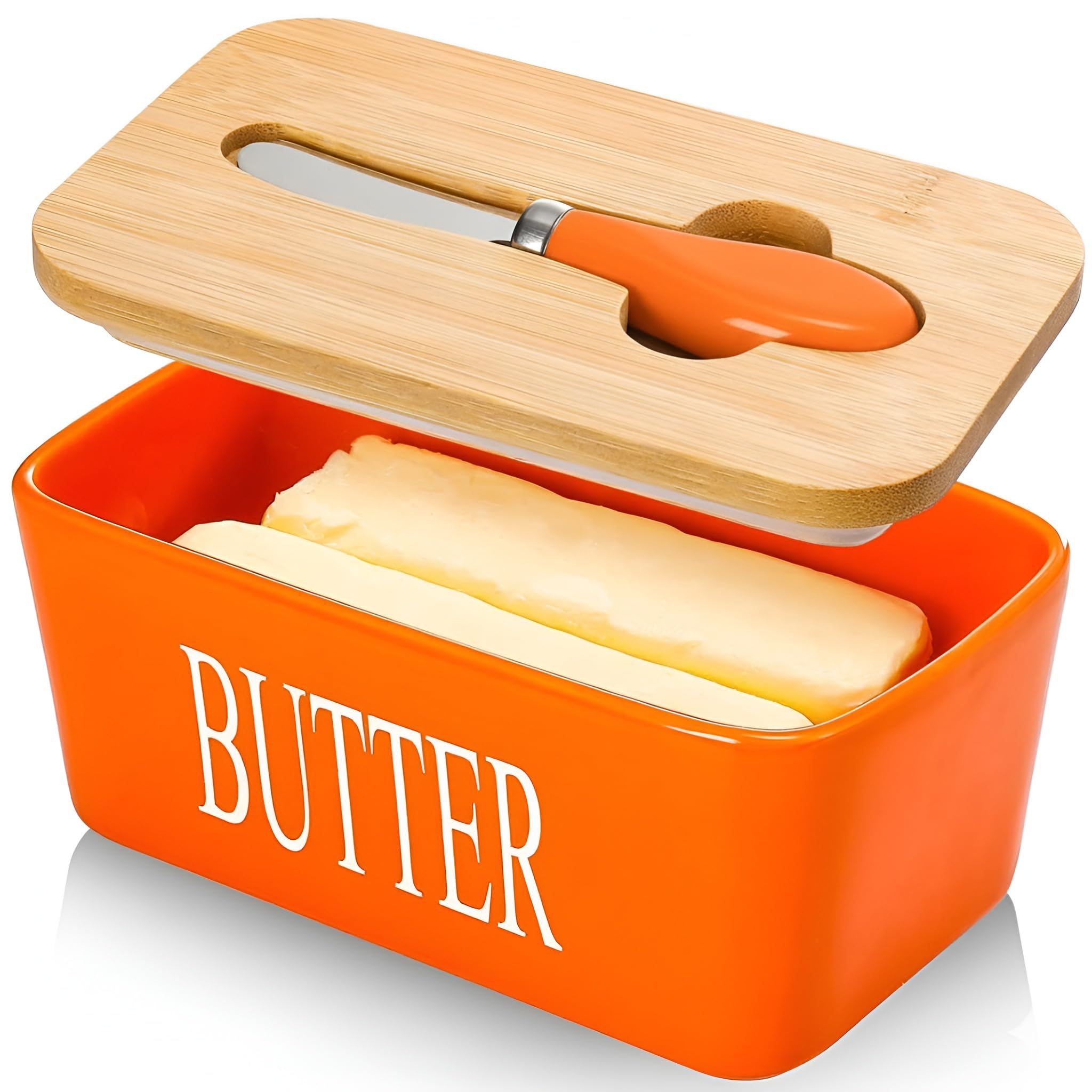 L'eanourz® Ceramic Butter Dish with Bamboo Lid and Stainless Steel Knife – Large Airtight Butter Container for Countertop & Fridge – Modern Kitchen Decor (Orange)