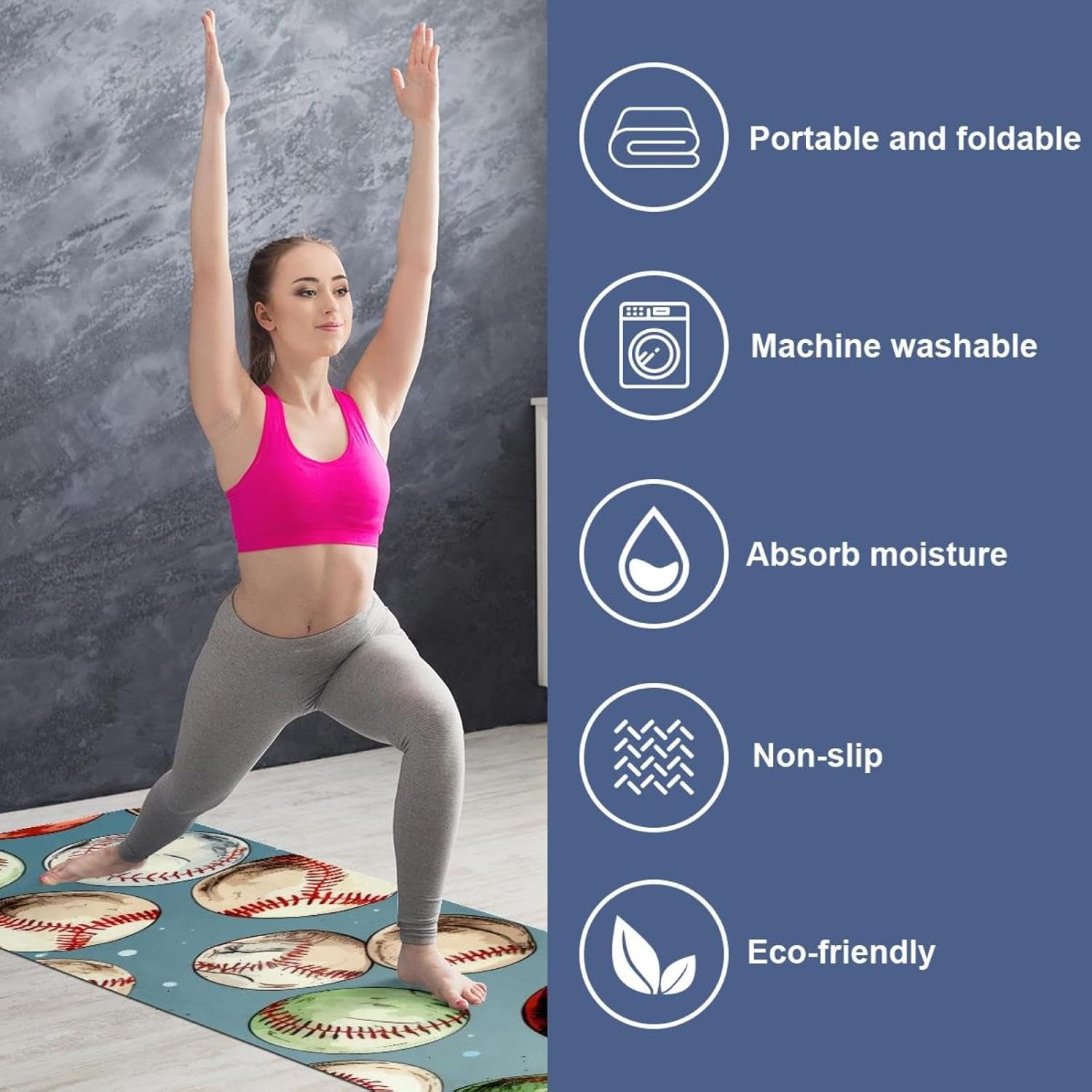 Yoga Towel, Baseball Pattern Non Slip Sweat Absorbent Hot Yoga Mat Towel for Hot Yoga, Pilates and Fitness - 72.8" x 26.8"