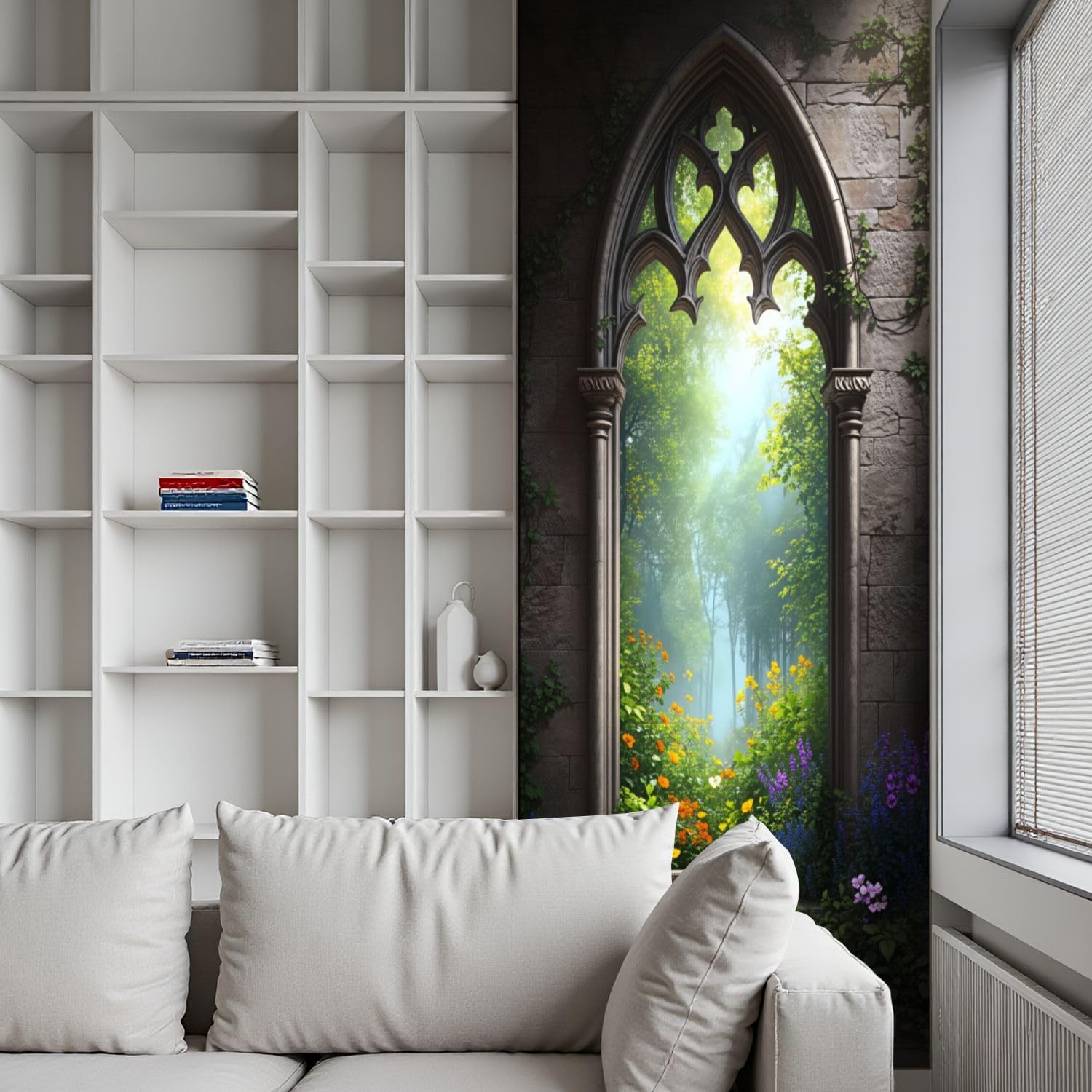 Door Stickers Peel and Stick Door Decal Gothic Arch Framed Floral Garden Greenery Soft Light Removable Mural Wallpaper 30.3''x78.7'' Wall Murals for Kitchen Living Room Bedroom