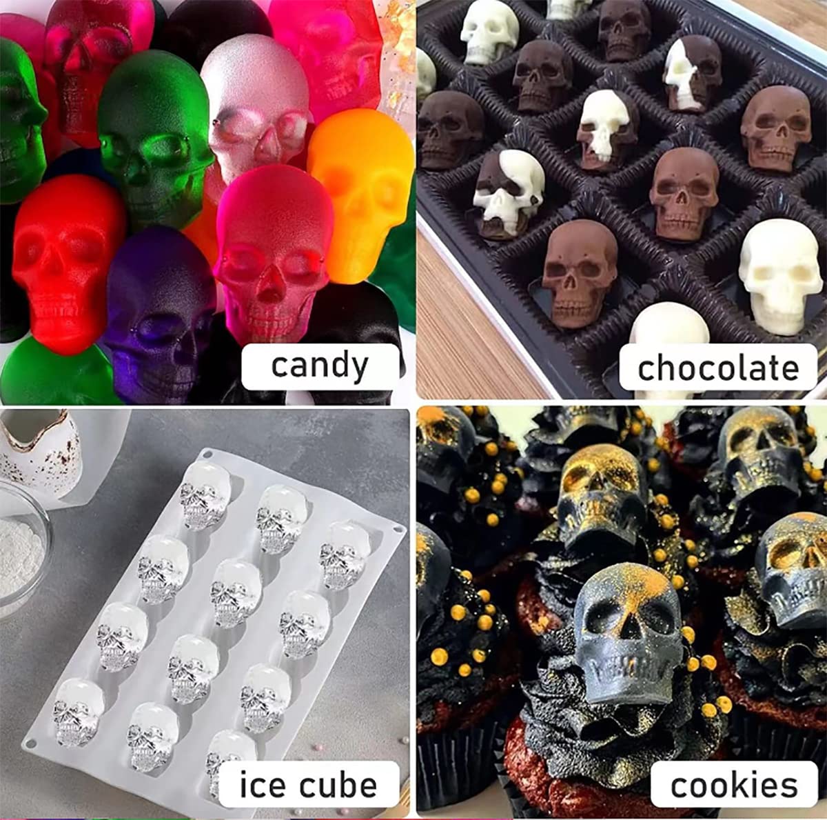 Lot De 2 Moules à Glaçons En Silicone En Forme De Tête De Mort 3D, Sans