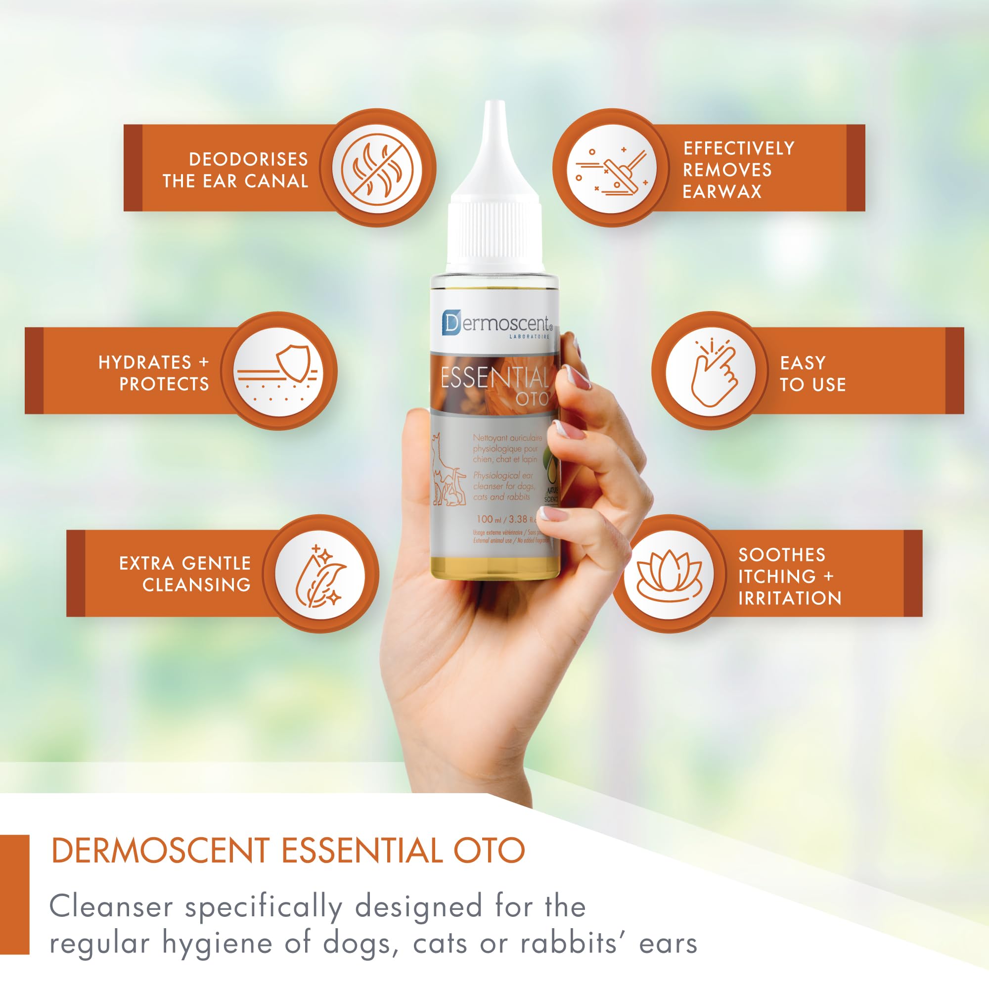 Dermoscent Essential OTO - Detergente auricolare per cani, gatti e conigli | Formula naturale senza alcool | Elimina cerumen e odori, idrata e lenitiva, 100 ml
