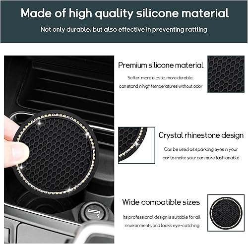 Miniatura 3 de Dickno 2 portavasos de automóvil, 2.75 pulgadas, con diamantes de imitación brillantes, para interior de automóvil, silicona antideslizante