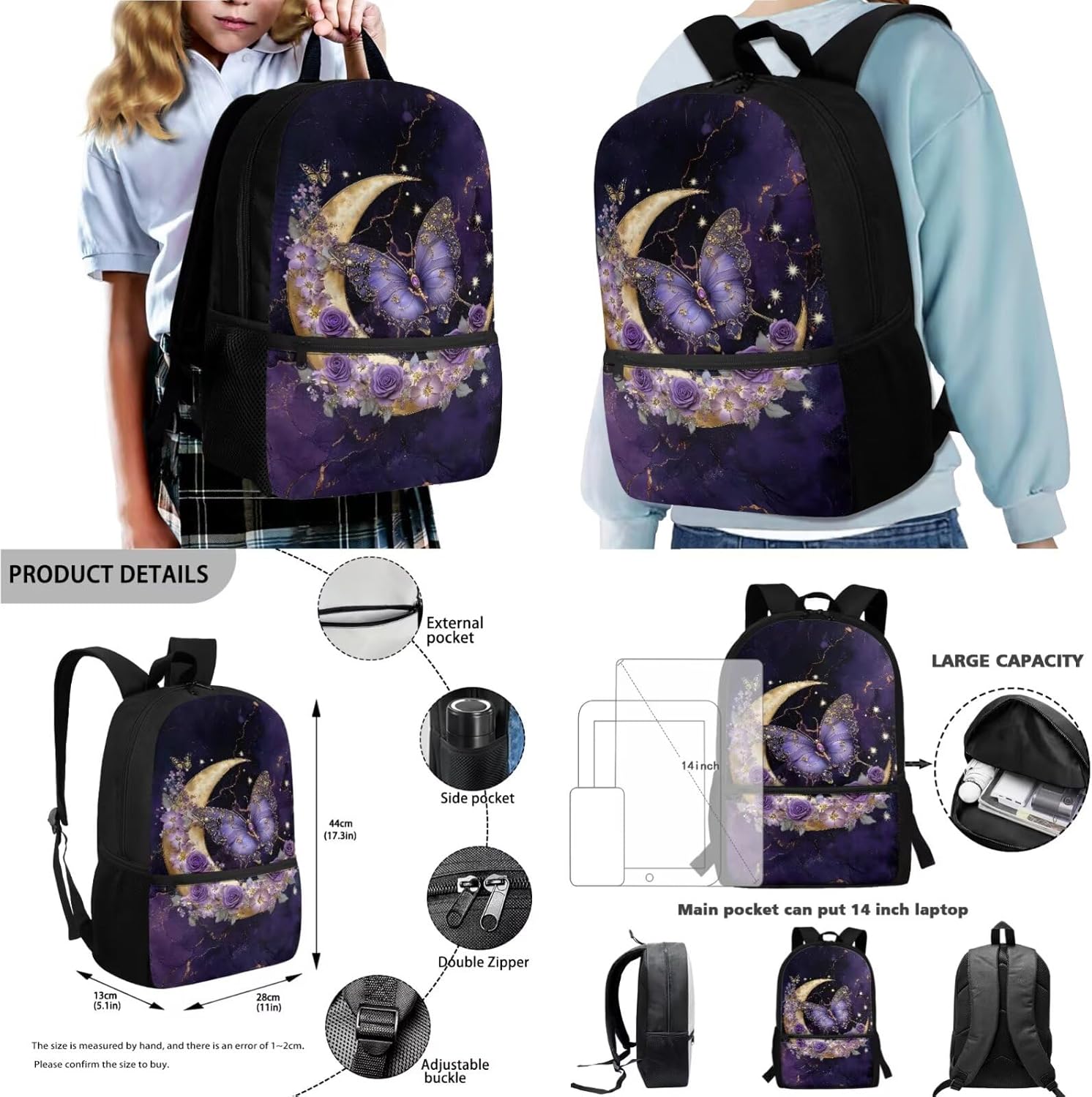 Purple Butterfly Rose Moon Pattern School Backpack with Lunch Box Pencil Pouch and Water Bottle Holder for Girls Elementary Primary Middle High School Bag Set