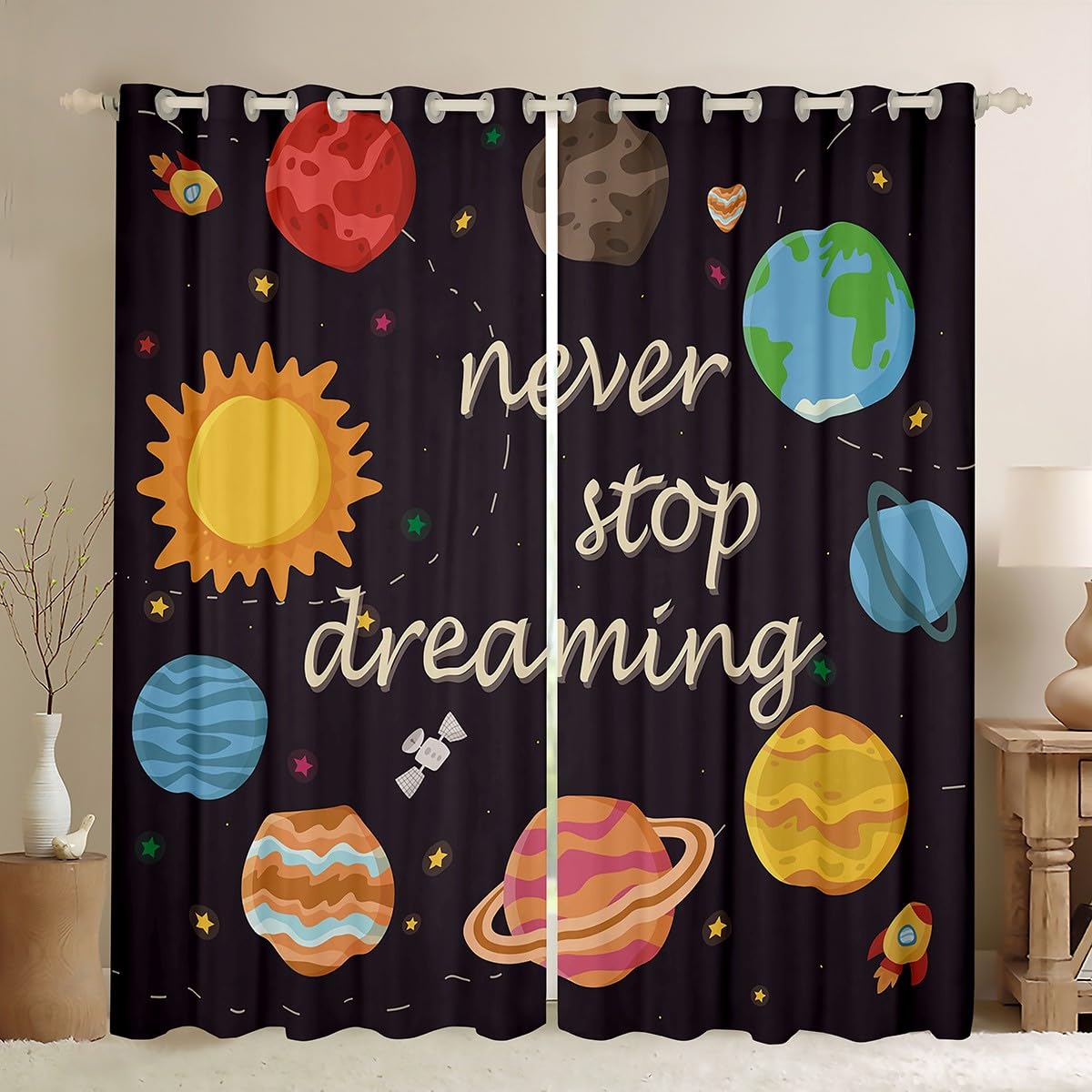 Homemissing Cortinas del sistema solar para dormitorio, sala de estar, espacio exterior para niños, 30%-50%, cortinas opacas del universo, planetas, cortinas de ventana, tratamientos de ventana de