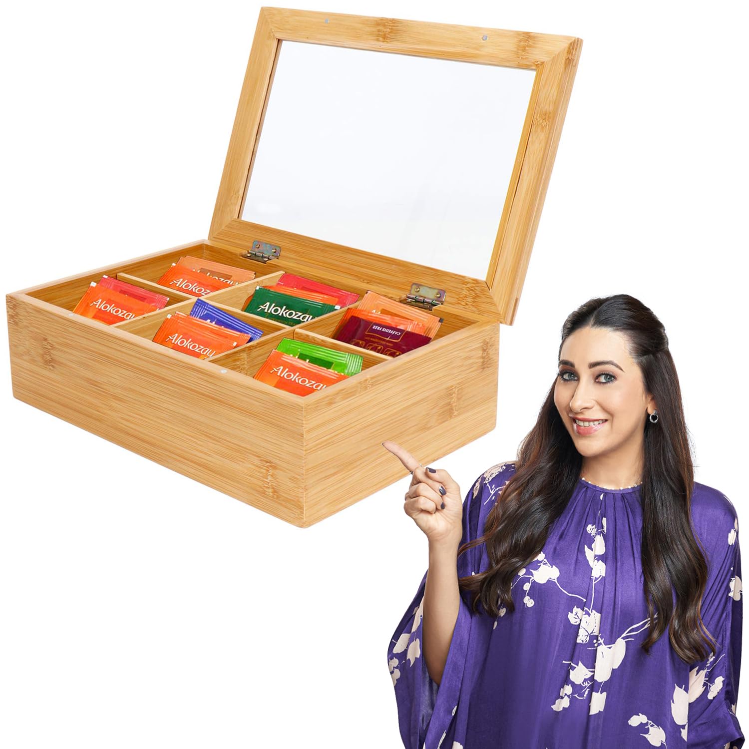 hokipo ® eco-friendly bamboo wooden rectangular storage organizer chest box with 6 compartments (ar2933, brown, 30 x 20 x 10 cm)