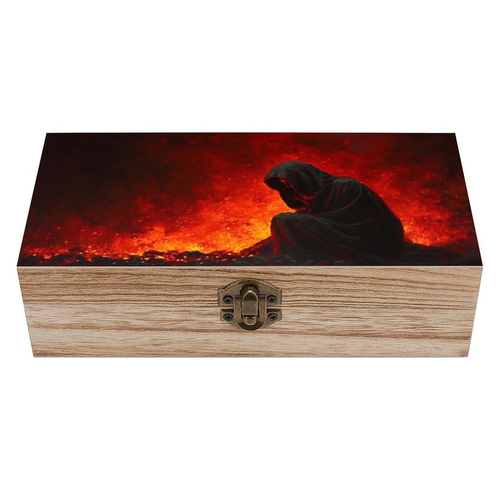 asbwuo Dark Cloak Man in Glowing Coals Wooden Storage Box with Hinged Lid