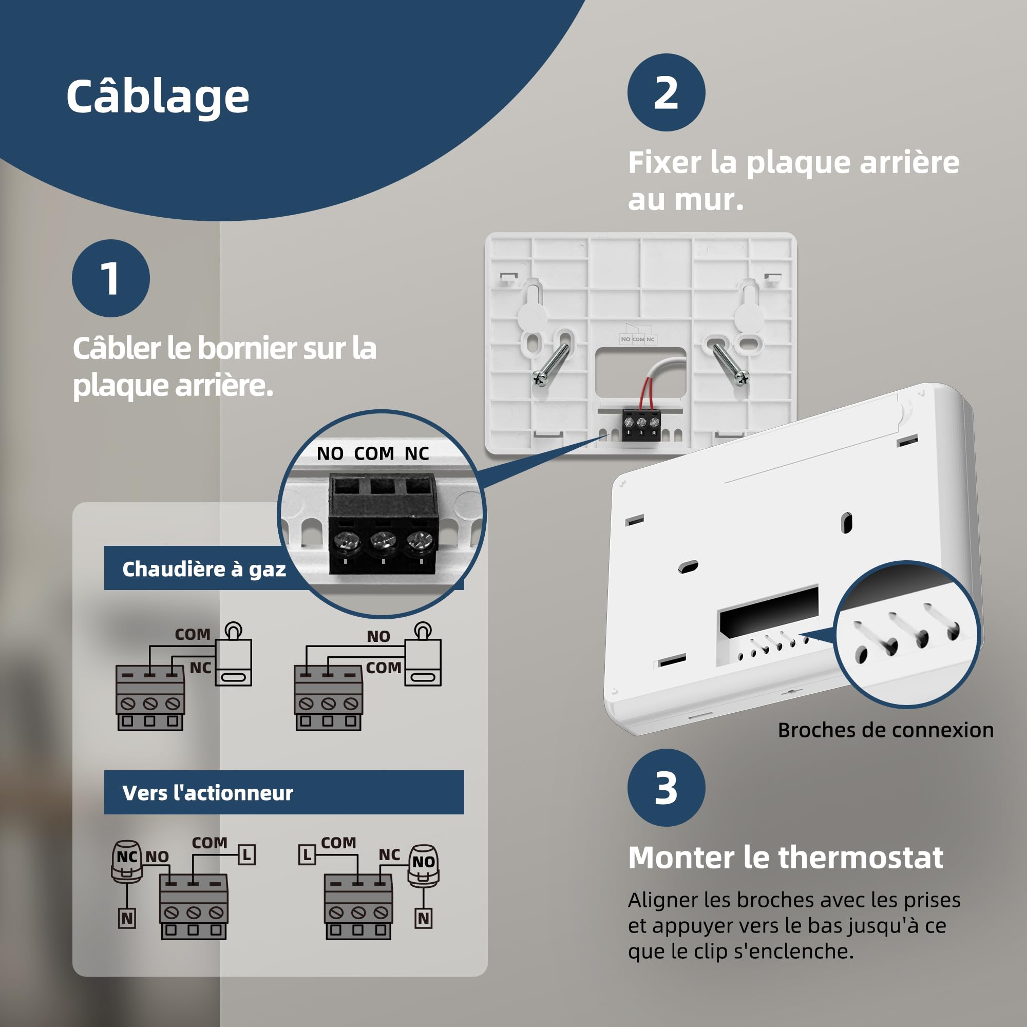 Beok Thermostat chaudière gaz connecté à Piles,en saillie, Grand écran, 3A