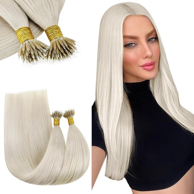 RUNATURE Blonde Nano Hair Extensions Human Hair White Blonde Nano Human Hair Extensions Remy Nano Ring Hair Extensions 14 Inch 50 Gram