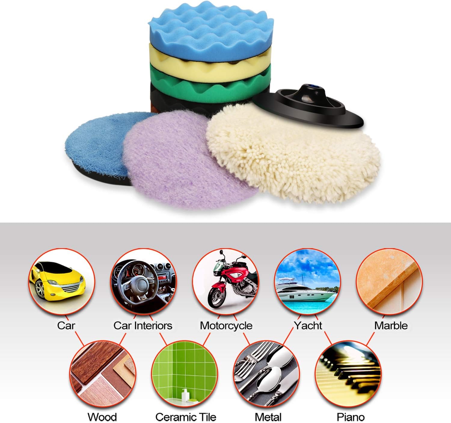 SPTA Polishing pad, Buffing pad, 7''/180mm Sponge Polishing Pad Kit with 5 Waffle Foam 1 Wool Grip Pad and a 5/8"-11 Threaded Backing Plate for Car Buffer Polisher Sanding,Polishing, Waxing : Automotive
