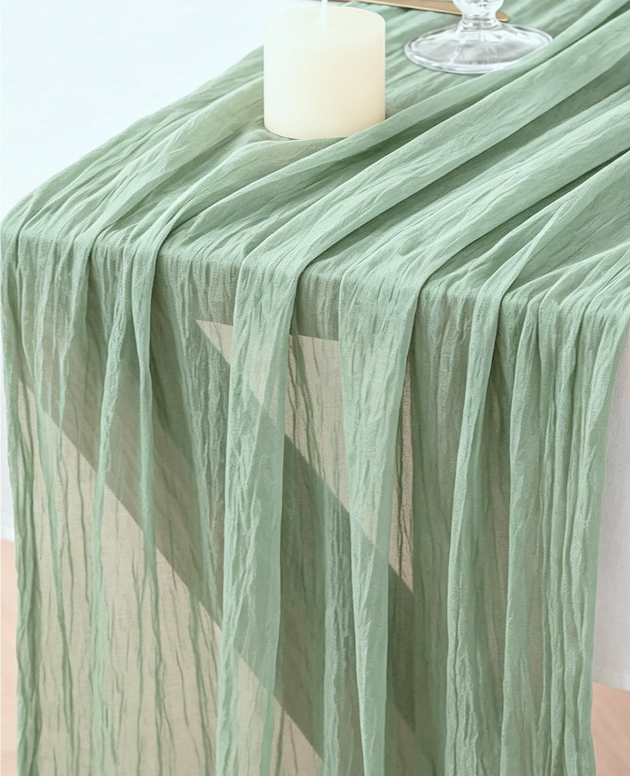 Photo 1 of 35 X 120 Inch Sage Green Cheesecloth Table Runner, Boho Tulle Fabric Cheese Cloth Table Runners, Summer Gauze Sheer Decorations for Wedding Party Bridal Shower Baby Birthday Centerpiece Home Décor