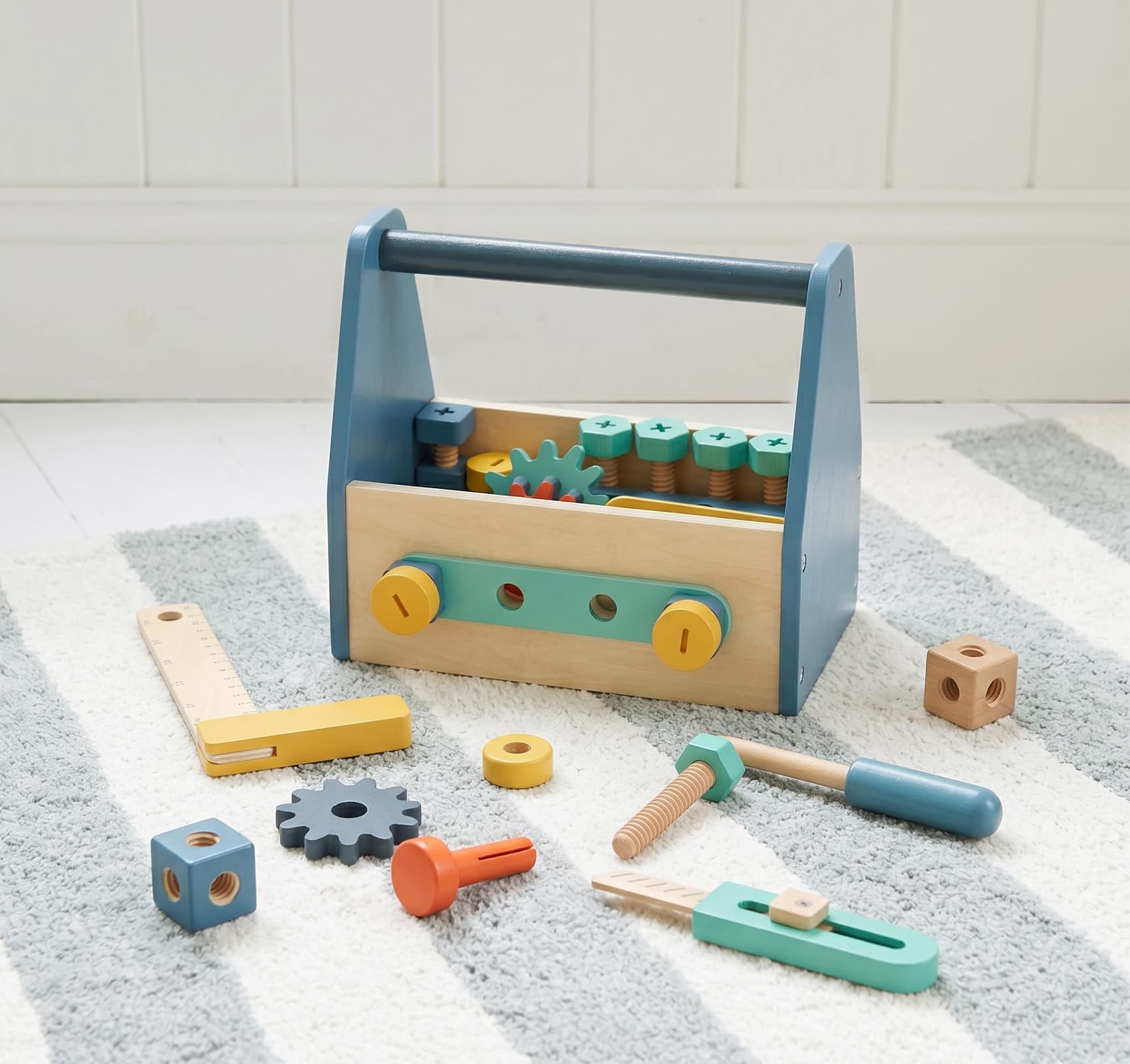 Kinderspielzeug Werkbank Set mit 40+ Teilen – Holz. ab 3 Jahren | Holz Werkzeugkasten & Bastelset , inkl. Bohrmaschine, Hammer, Schraubenzieher, Zahnräder – Kreatives Lernspielzeug