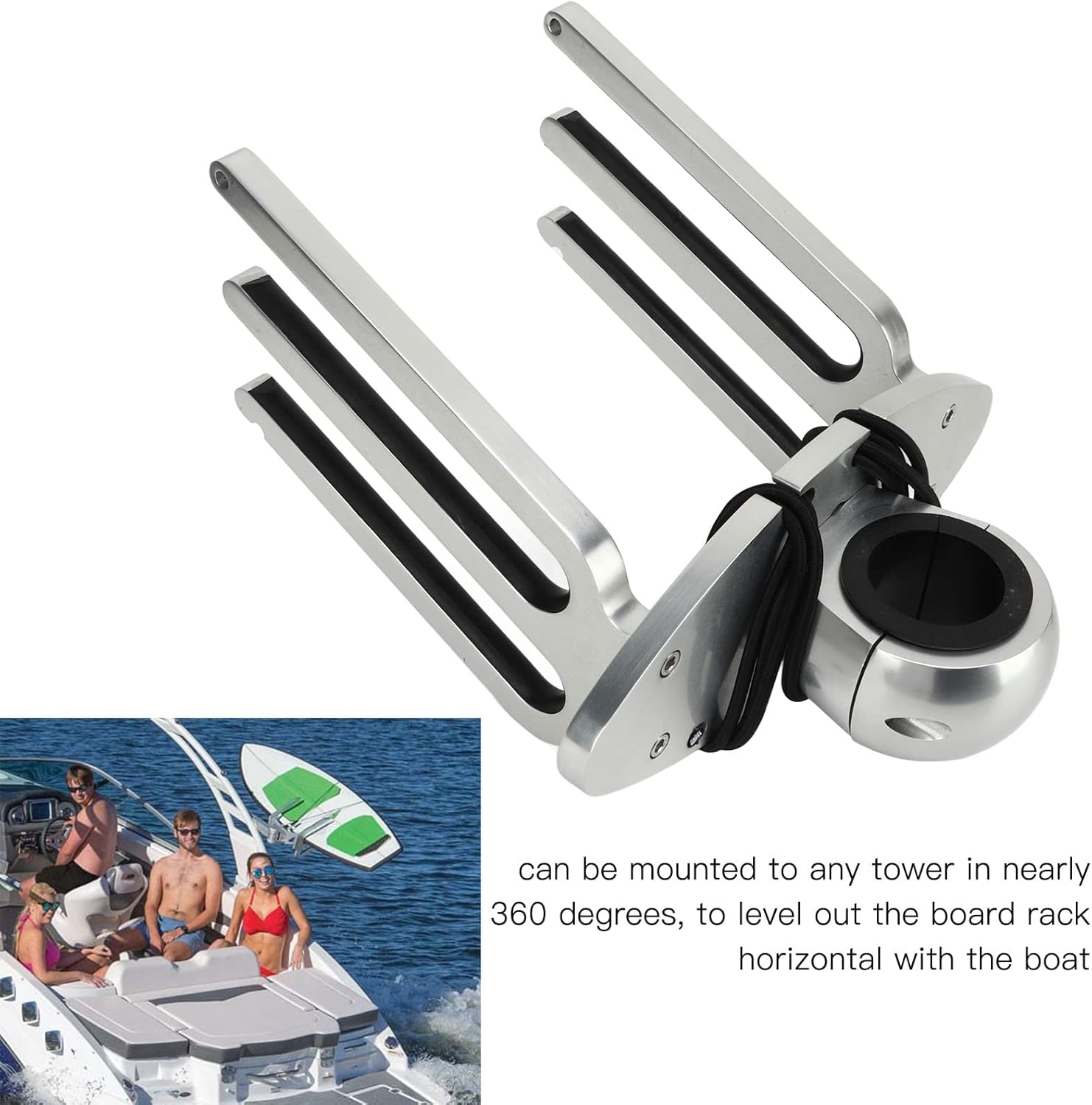 Wakeboard Rack for Tower Boat, Polished Aluminum Wakeboarding Tower Holder Fits Clamp Tubing Sizes 1 3/4-2 1/2 inches, Adjustable Angle Base to Level with Boat