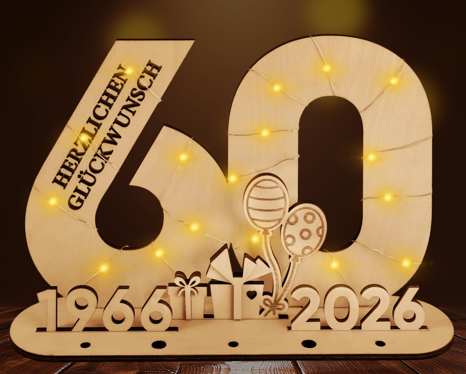 60 Geldgeschenke Geburtstag - Originelle Geschenk 60. Geburtstag Frauen & Männer 1966-2026, Diamantene, Holz-Schild Gästebuch mit LED Lichterkette - Deko Geburtstag Frau Mann, Hochzeitsgeschenke