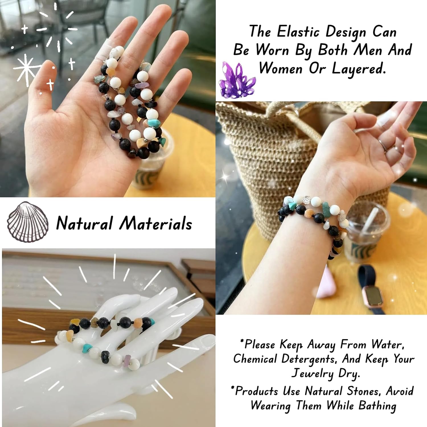 H-M1 Hand Made Natural Stretch Stone Bracelet, Unique Beaded Gifts for Christmas Stocking Valentines. Bracelets for women, Beach Bracelet and Accessories for women - Image 4