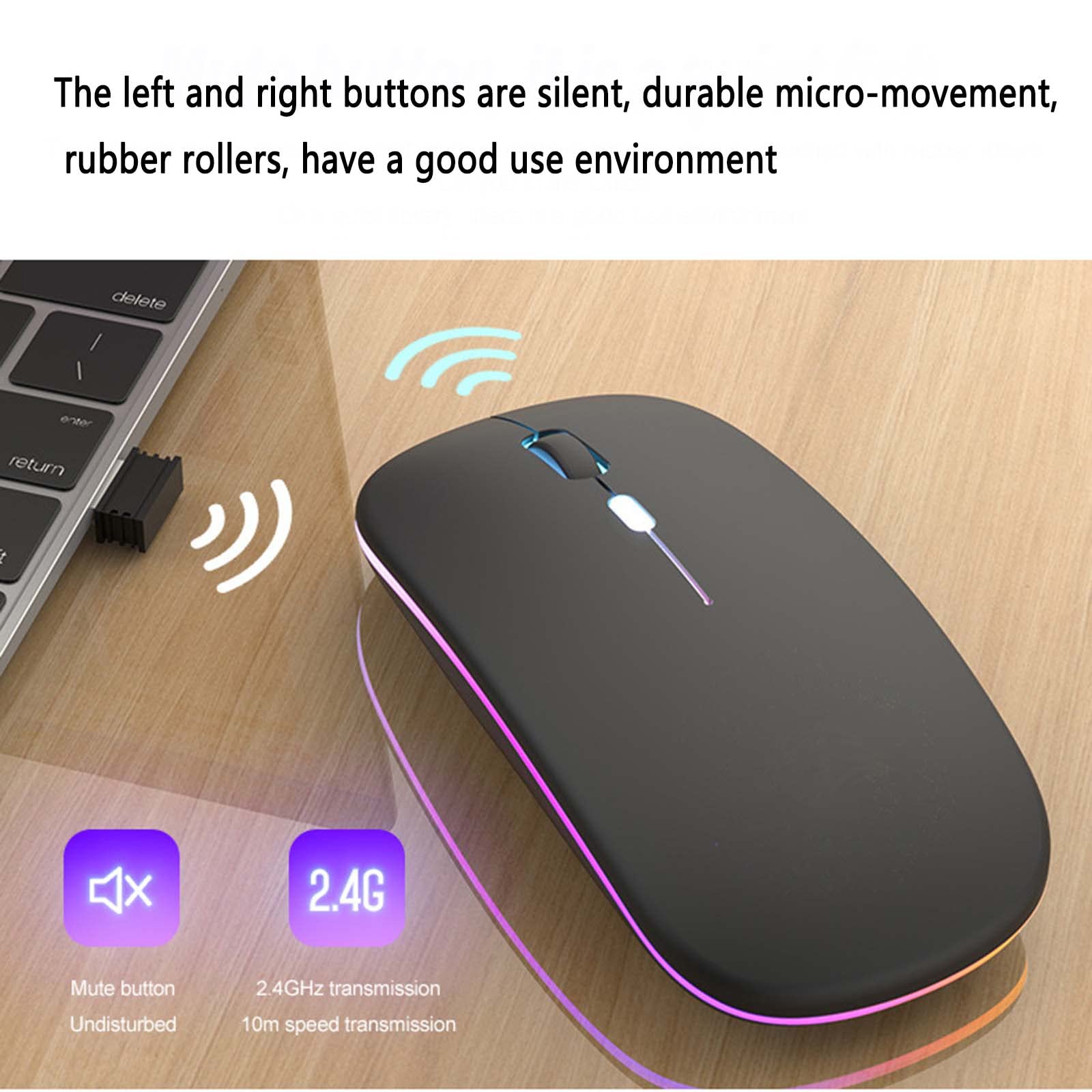 Mysz Mysz bezprzewodowa Mysz komputerowa do laptopa USB do gier Bluetooth Ergonomiczna mysz Urządzenie wskazujące Optyczne śledzenie Ładowalna kolorowa lampa oddechowa Regulowana czułość DPI(Schwarz)