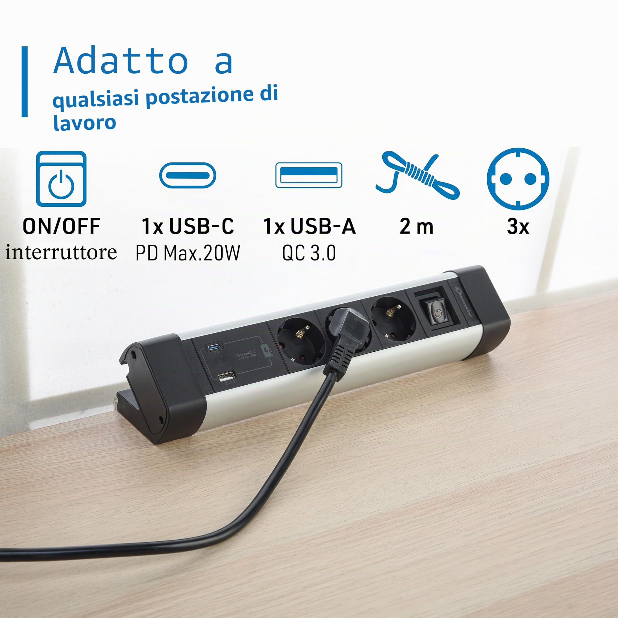 Electraline 62581 Ciabatta elettrica in alluminio per scrivania 3 prese + 3 USB (2 USB A 3.0A QC + 1 USB C PD20W), cavo da 2 m, protezione da sovratensione, multipresa/presa da tavolo