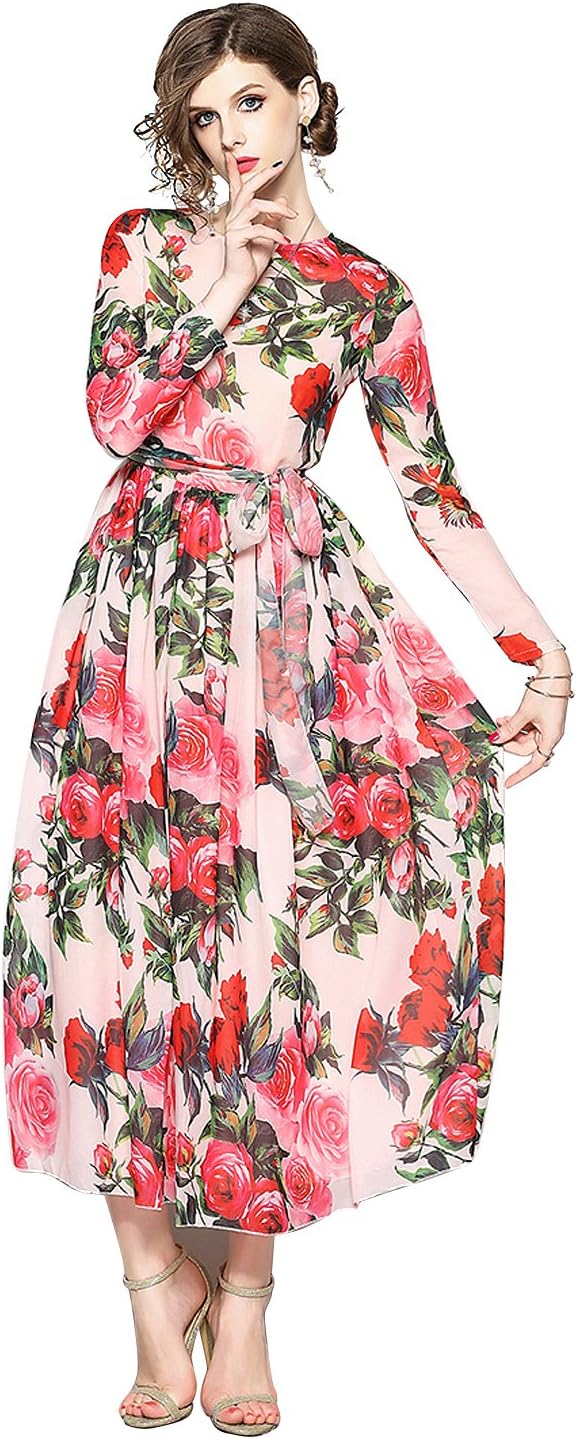 LAI MENG FIVE CATS Women's Floral Print Maxi Dress Flowy Casual A-Line Ruffle Long Dress