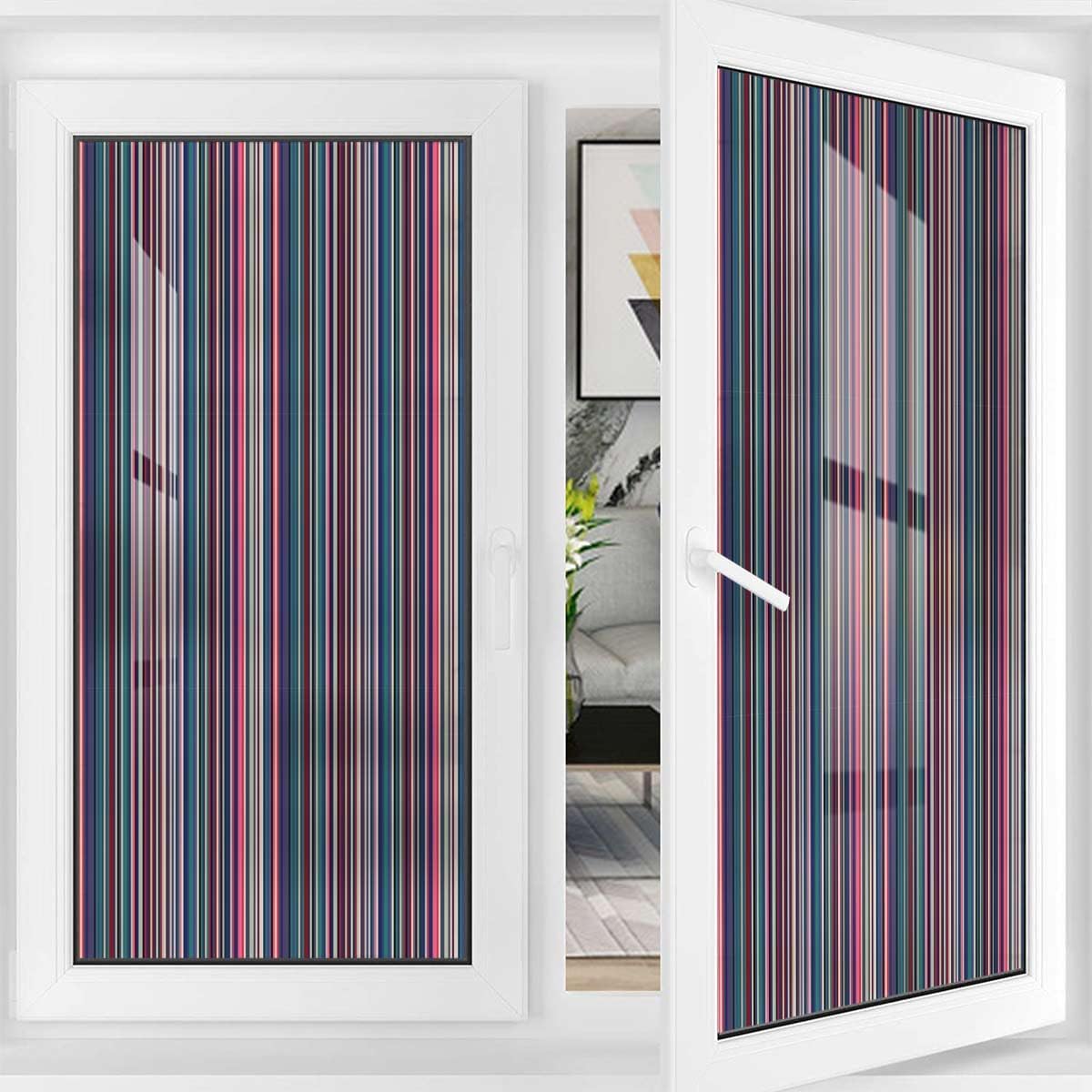 Multicolor Window Film Privacy Window Film Frosted Glass Film Colored Stripes Vertical Pattern Modern Privacy Frosted Window Film Window Stickers Abstract 35.4Wx59L-inch