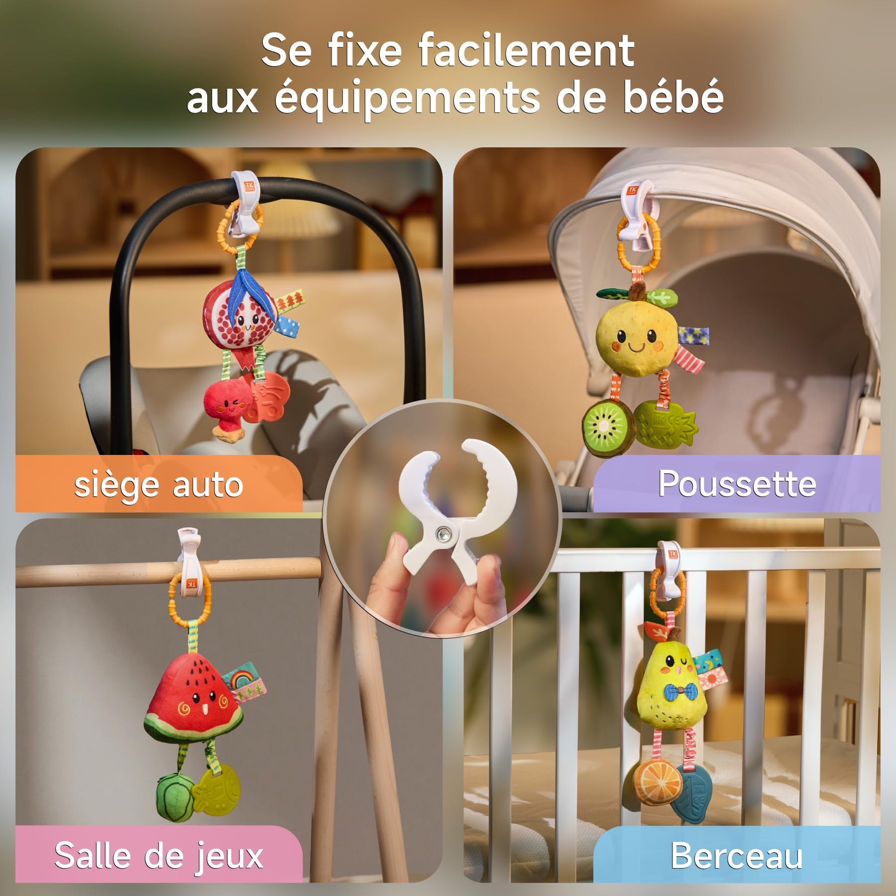 TUMAMA Hochet à suspendre pour landau de bébé de 0 à 3 à 6 à 9 mois, jouets d'apprentissage sensoriel pour nouveau-né avec son couineur et anneau de dentition, hochets en peluche citron pour siège