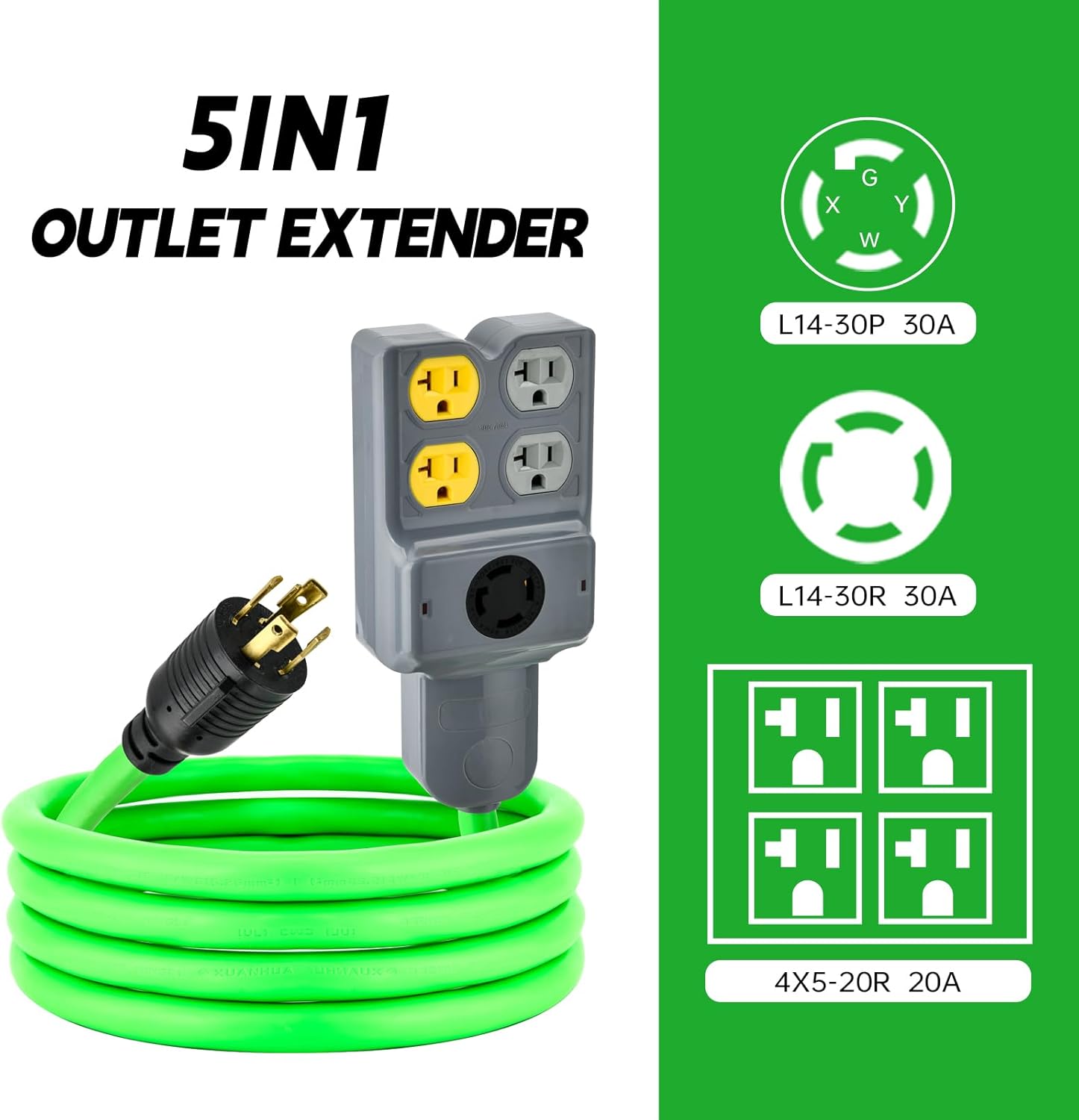 L14-30P to 4X 5-20R/5-15R & L14-30R, 120/240V 30 Amp 4 Prong Twist Lock Male Plug to Female Receptacle Home Appliance RV Generator Power Cord Adapter 10FT