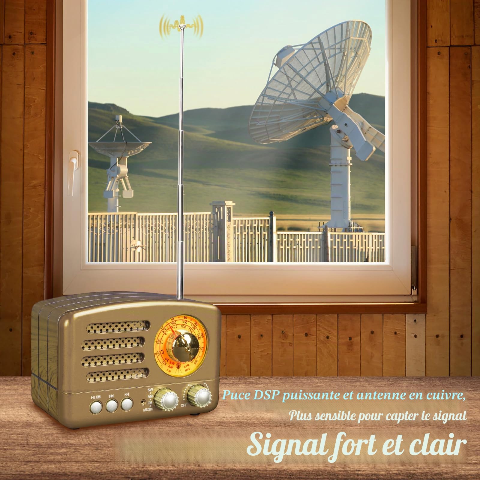 Poste Radio Portable, PRUNUS J-160 Radio Vintage Bluetooth avec Batterie Rechargeable 1800mAh, FM/AM (MW)/SW Bouton de Réglage Extra Large, TransistorRadio Prise en Charge de la Carte TF/USB (Gold)