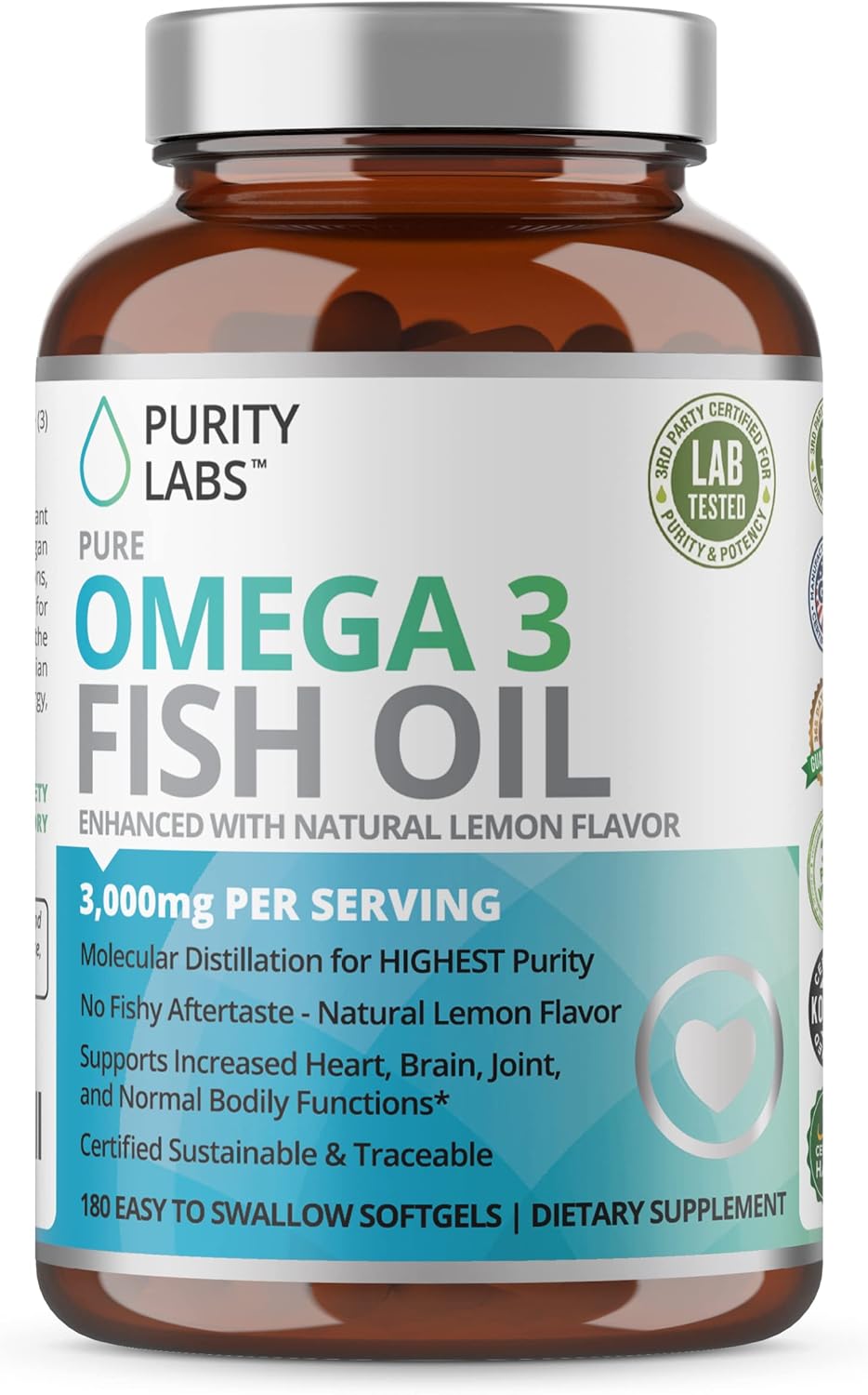 Purity Labs Omega 3 Fish Oil 3000mg - Vegan Supplements for Heart and Brain Health - Immune Support Supplement  - 180 Softgels : Health & Household