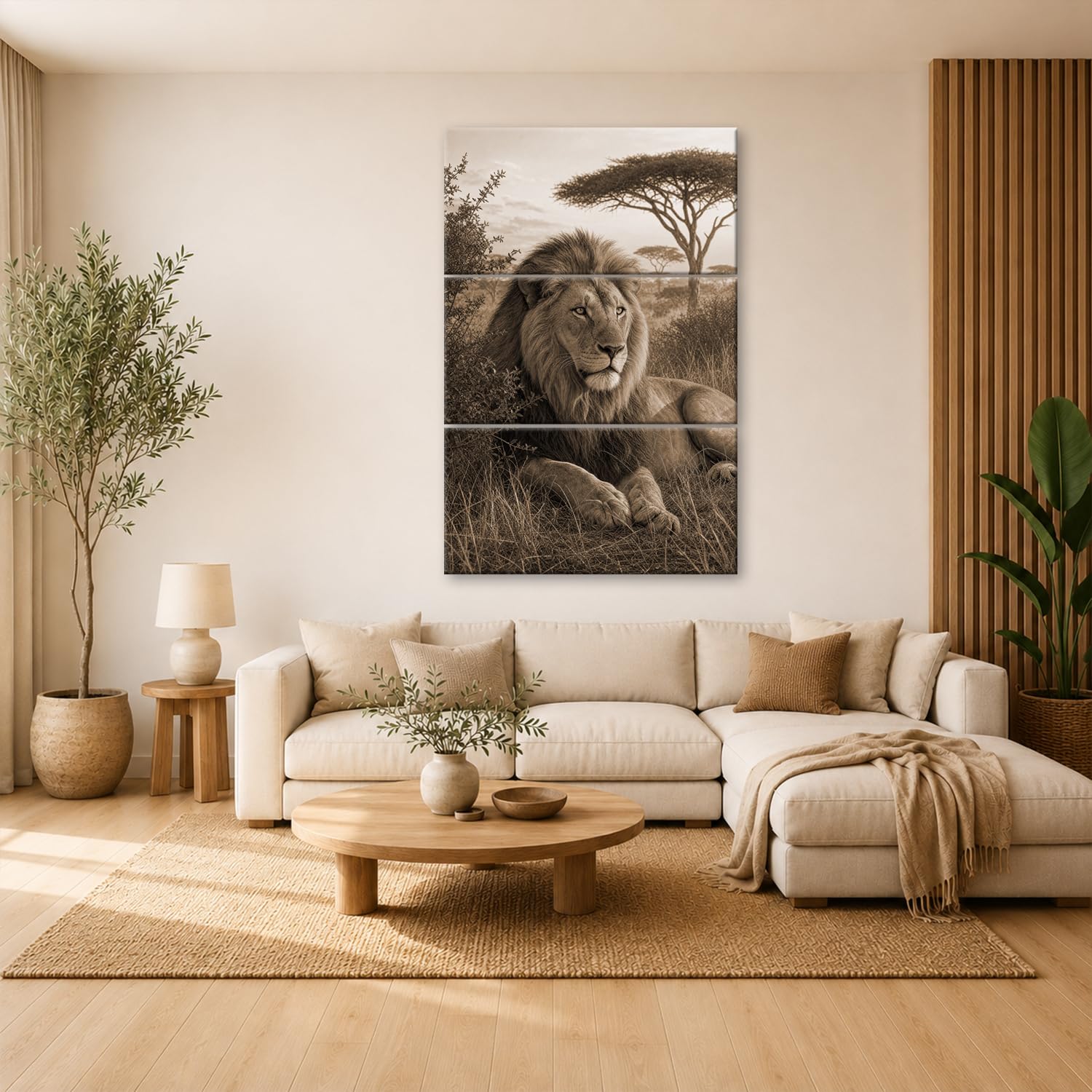deyoli Obraz na płótnie Majestatyczny lew spoczywa na sawannie 120 x 80 cm Sepia