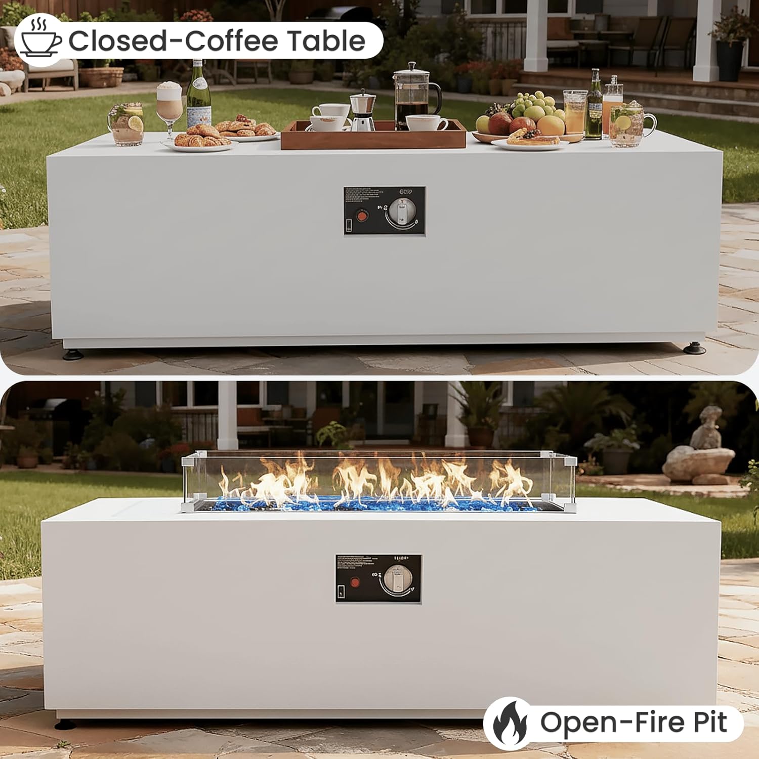42" Propane Fire Pit Table Set with Tank Holder, Rectangle 2-Piece Outdoor Firepit Wind Guard, Lid, Glass Stones and Cover