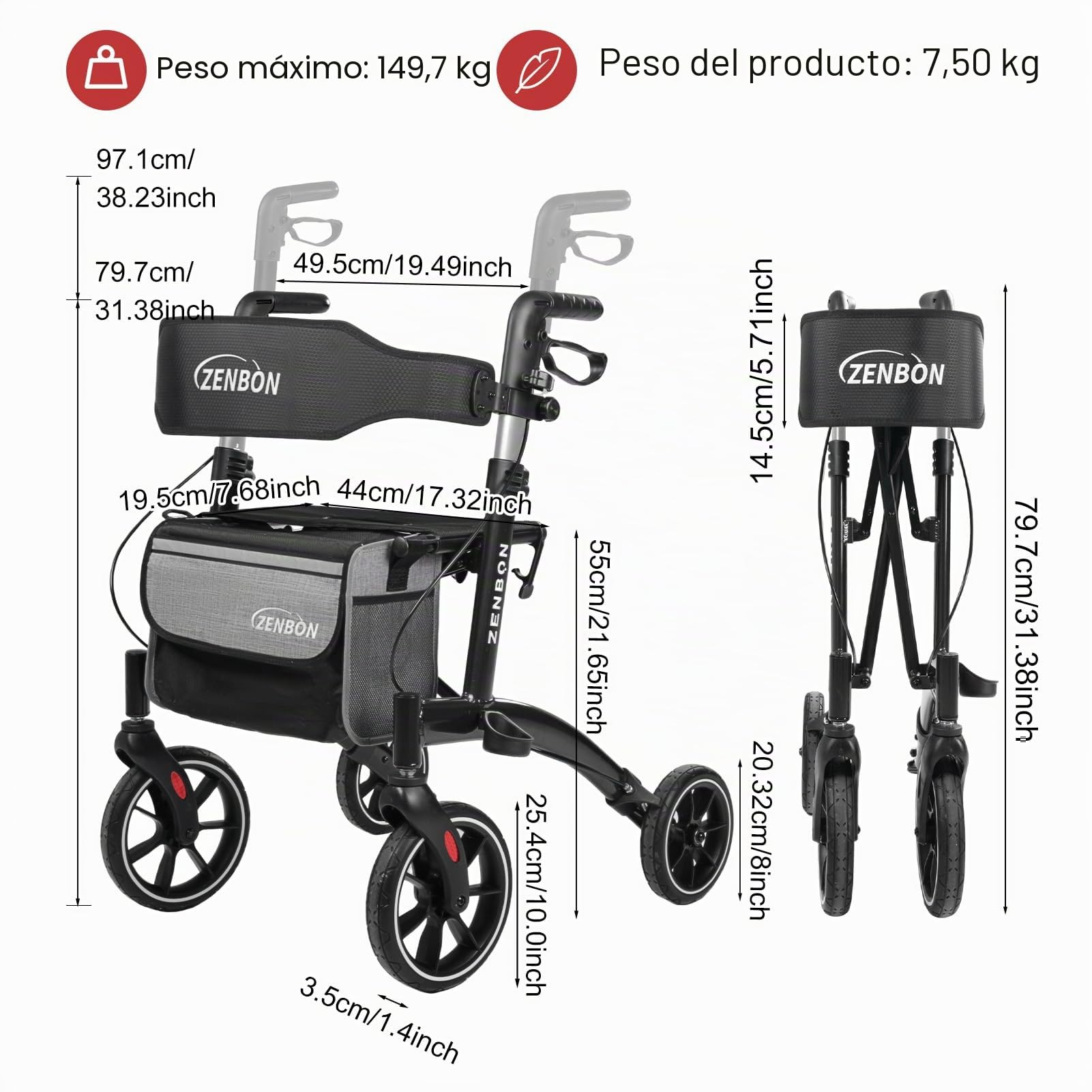 Andadores para Ancianos Aluminio: Andador plegable y ligero con Asiento - Andador de Interior Andadores ligeros y Plegables Especiales con Respaldo y Porta Bastón (Negro)