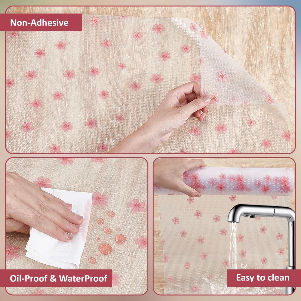 BENECREAT Shelf Liner, Non-Adhesive Drawer & Cabinet Liner, 236 x 11.8 Inch Non-Slip Waterproof Shelf Paper for Kitchen, Easy to Cut, Cherry Blossom Pattern