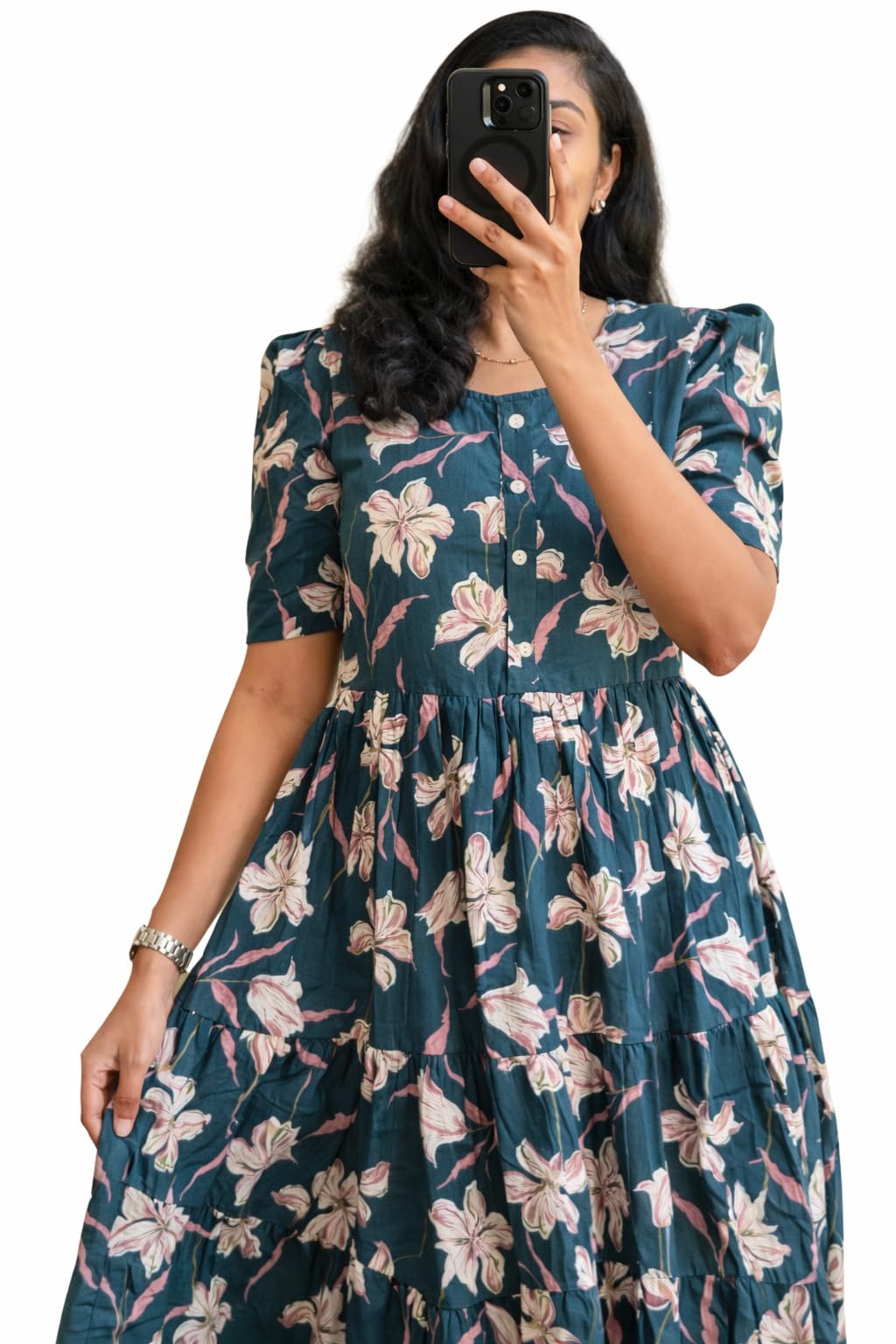 Women's Rayon A-Line Midi Dress, Floral Print, Short Sleeves, Round Neck, Tiered Design-picture-55