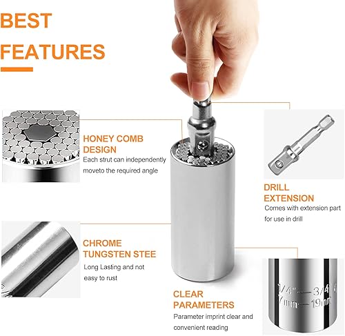 Miniatura 3 de Cubo universal, 0.3 - 0.7pulgadas, para llave de cubo de carraca, multifuncional, inalámbrico, potencia de extensión de ángulo recto de 105 grados,