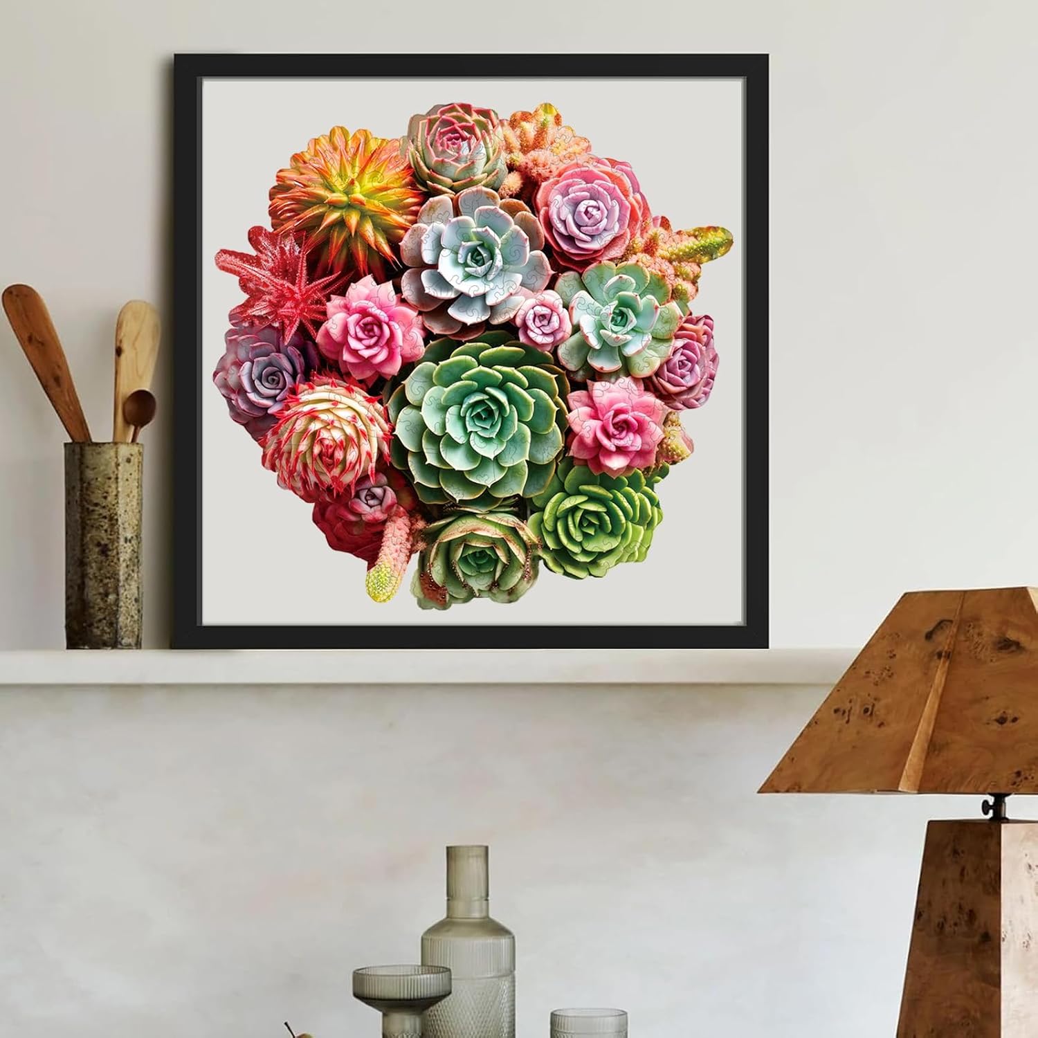 Reouinty Wooden Puzzles for Adults 500 Pieces, Colorful Succulent Jigsaw Puzzle for Mom Grils, Challenging Wood Puzzle, Beautiful Wall Decor, Unique Animal Shaped Puzzles for Family Game 16.7x16.3 in