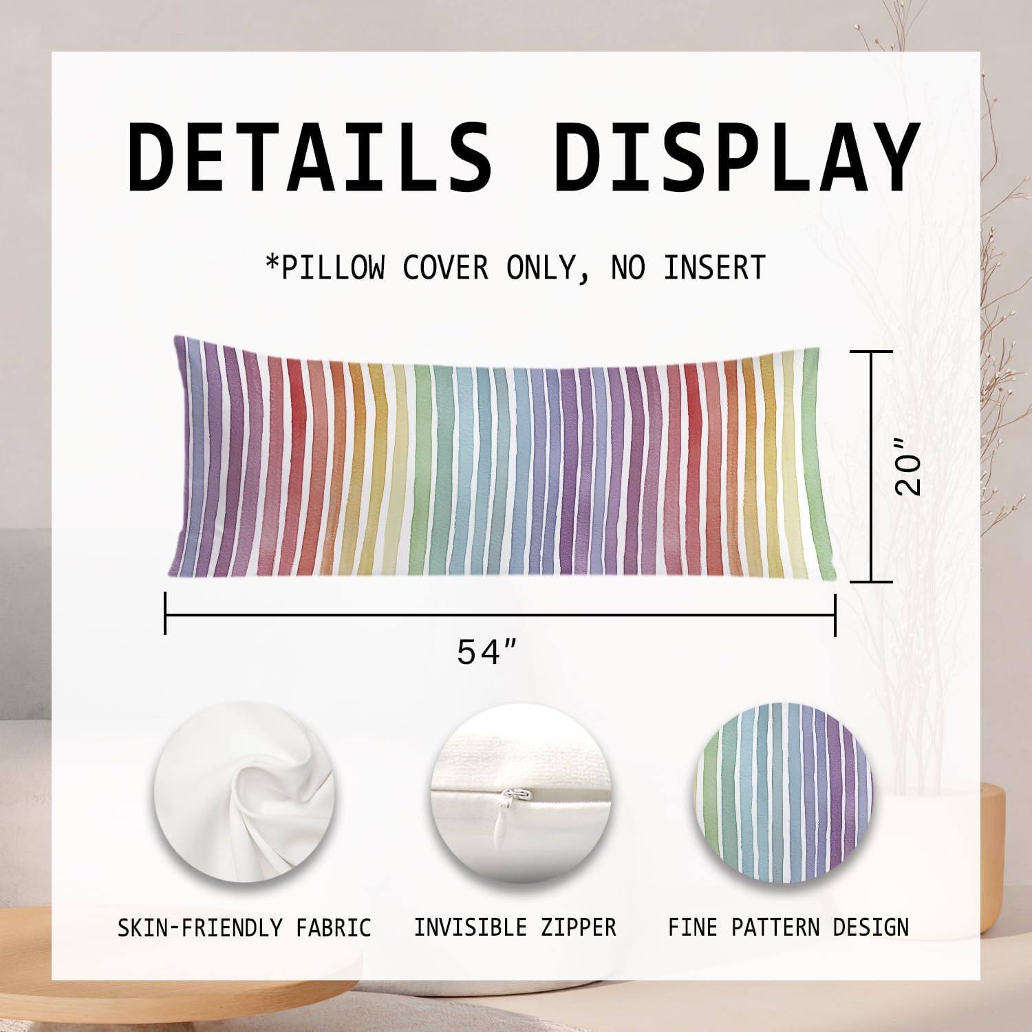 Boho Colorful Striped 20x54 Body Pillow Cover, Minimalist Boho Watercolor Rainbow Striped Decorative Long Body Pillow Cases for Kids Room Bedroom Home Bed Couch