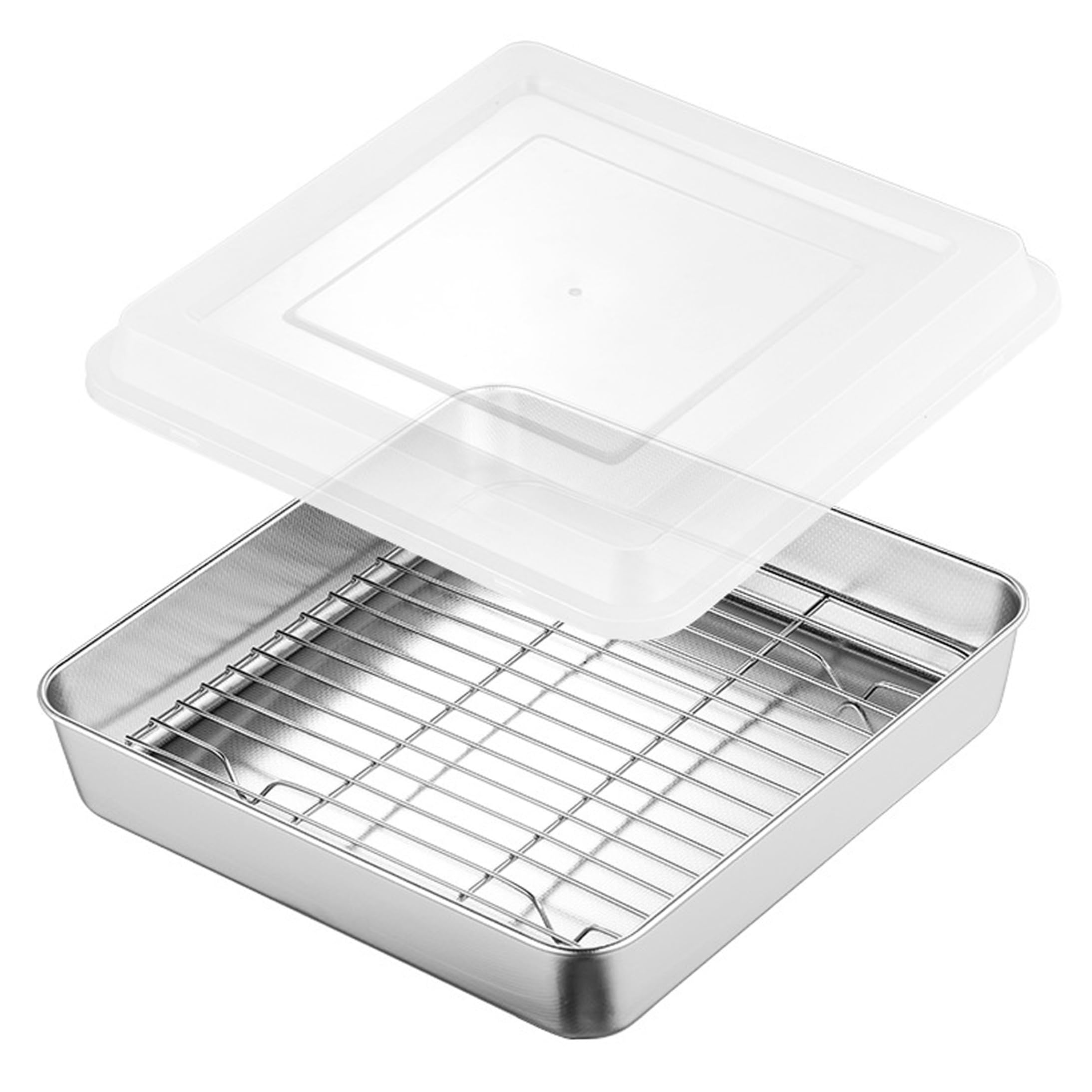 Ginwrek 8x8 baking pan Cake Pan With Lid, 1-pack 8x8 Baking With Lid and Mesh Rack, Stainless Steel Square Cake Pans, Oven Safe, Silver