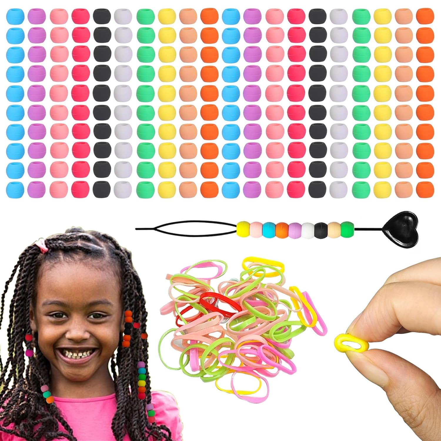 G GENLEAS 600pcs Silicone Beads Bulk, 5mm Colorful Soft Silicone Hair Beads for Braids for Girls, with 400pcs Elastic Rubber Bands & 4pcs Quick Beaders, Washable Hair Bead