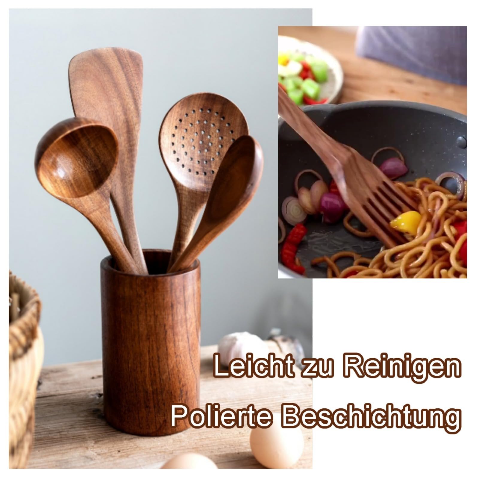Holz Kochbesteck Set, Küchenhelfer Set aus Teakholz, 8 teiliges Premium Kochlöffel Set, Holzspatel zum Kochen, Rühren und Braten für die Küche