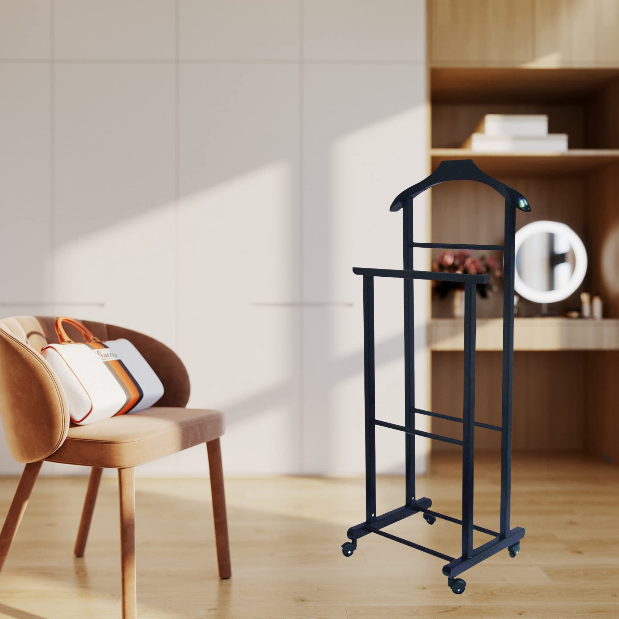 Tomaino - Herrendiener Schlafzimmer aus Holz - Kleiderständer mit Rollen Ambrogio - Herrendiener Modern für Kleidung und Accessoires (Schwarz)