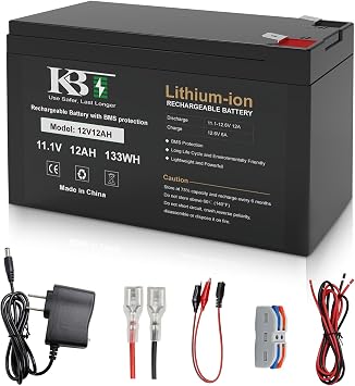 KBT 12V 12Ah Rechargeable Lithium-ion Replacement Battery with 12V Charger, Charging Cable, for Small UPS, LED Light Strip, Power Wheels, Ride On Car, Fish Finder, CCTV Camera, Built-in 10A BMS