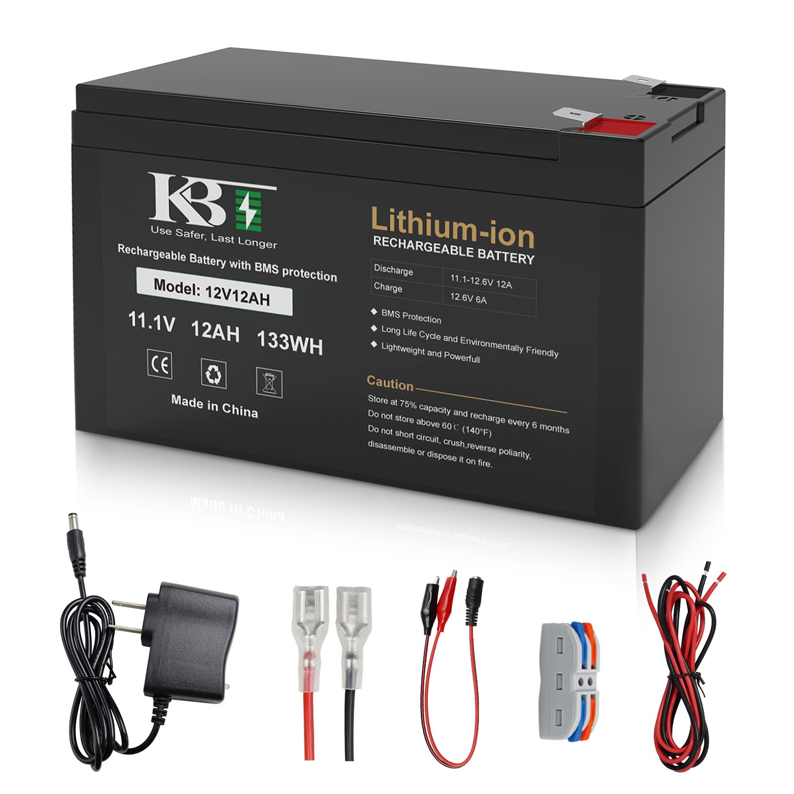 KBT 12V 12Ah Rechargeable Lithium-ion Replacement Battery with 12V Charger, Charging Cable, for Small UPS, LED Light Strip, Power Wheels, Ride On Car, Fish Finder, CCTV Camera, Built-in 10A BMS