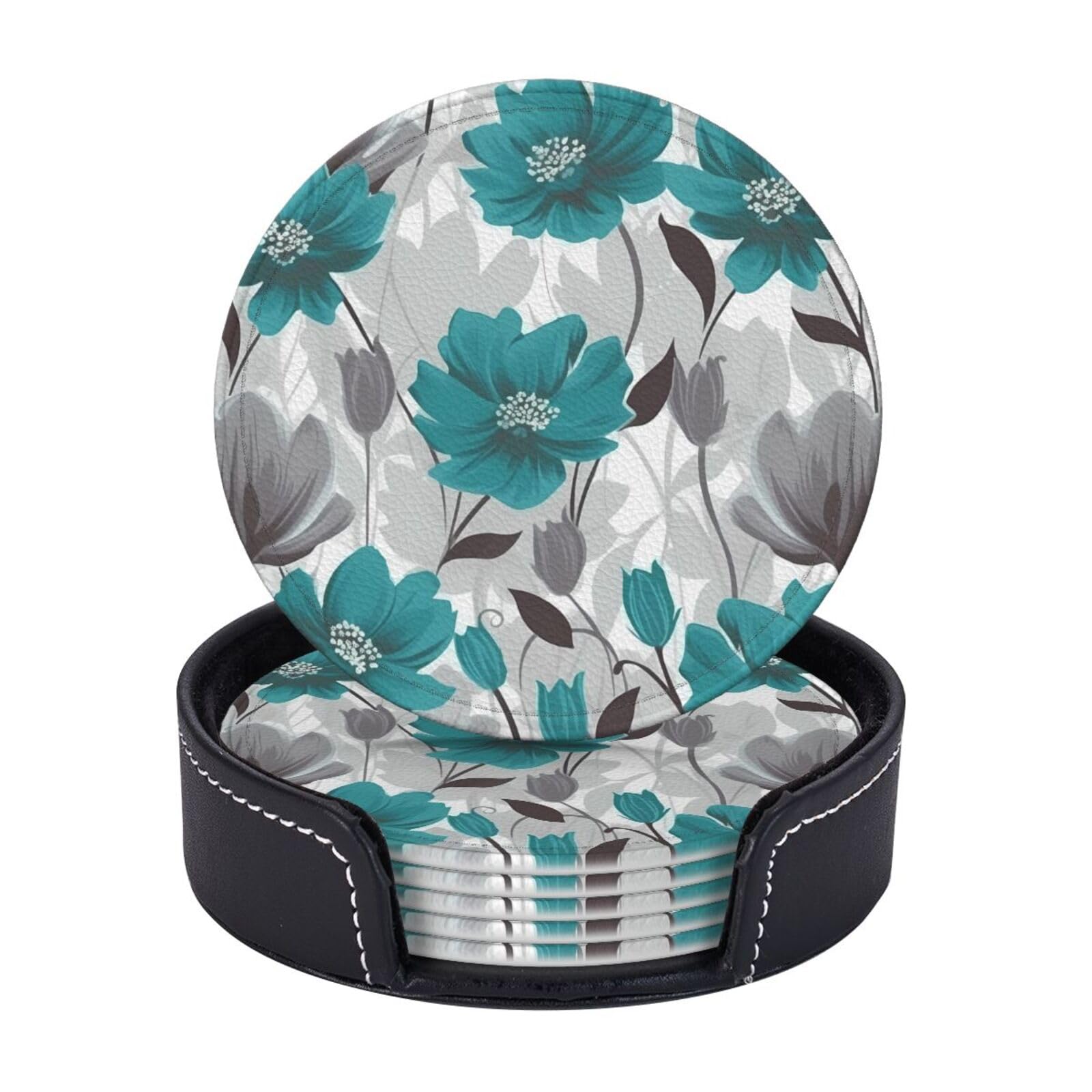 Round Coasters for Drinks Set of 6 - PU Leather Coasters with Holder - Modern Drink Coasters for Coffee Table - Teal Grey and White Floral Coaster for Tabletop Protection 4" Cup Mat Pad