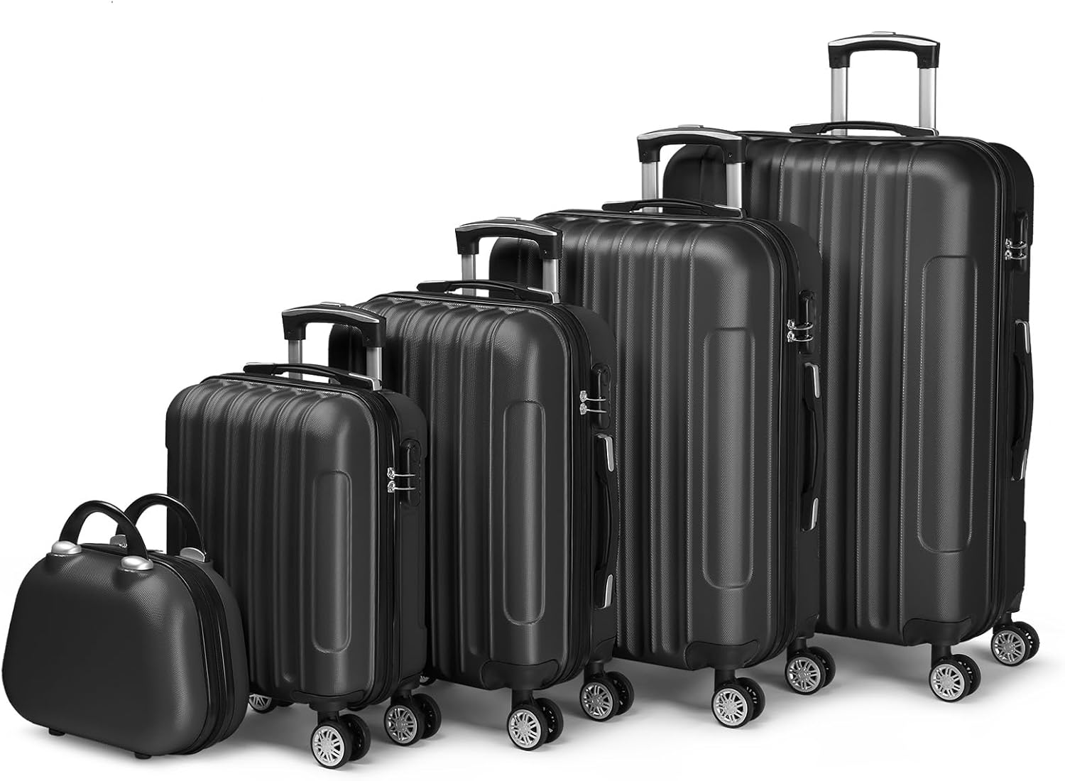 LALAHO Set of 4/5 Travel Suitcases with Vanity Case, Large Suitcase, Cabin Suitcase, Small Suitcase, ABS with Reinforced Corners, 360° Swivel Wheels, Padlock and Telescopic Handle, Black LALAHO Set of 4/5 Travel Suitcases with Vanity Case, Large Suitcase, Cabin Suitcase, Small Suitcase, ABS with Reinforced Corners, 360° Swivel Wheels, Padlock and Telescopic Handle, Black