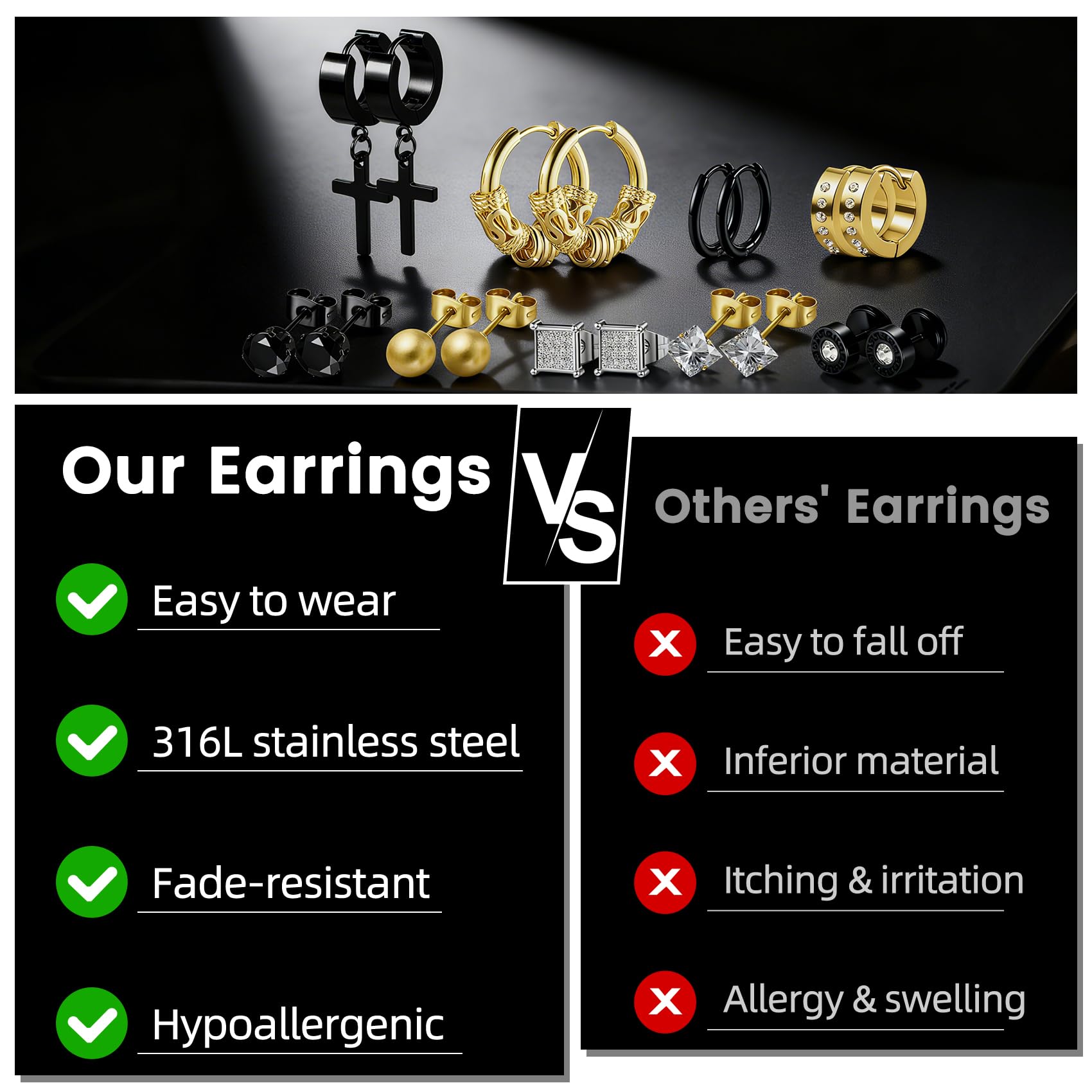 25 Pairs Earrings Set for Men and Women, Black Silver 14K Gold-Plated Mixed Earring Studs Kit Fashion Ear Piercing Jewelry Cross Dangle Hoop