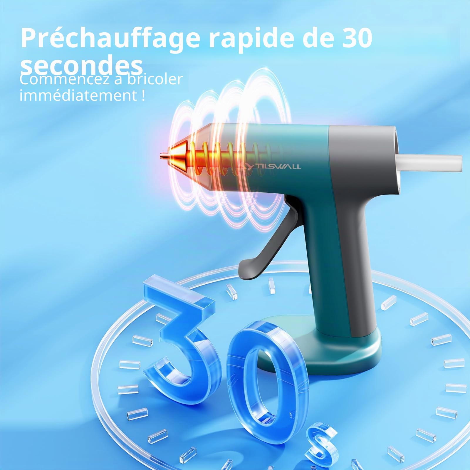 Pistolet à Colle Sans Fil Tilswall - 30s Préchauffage Rapide, Batterie 2Ah Intégrée, USB-C, Arrêt Intelligent - Idéal Bricolage, Loisirs Créatifs et Petites Réparations, Bleu